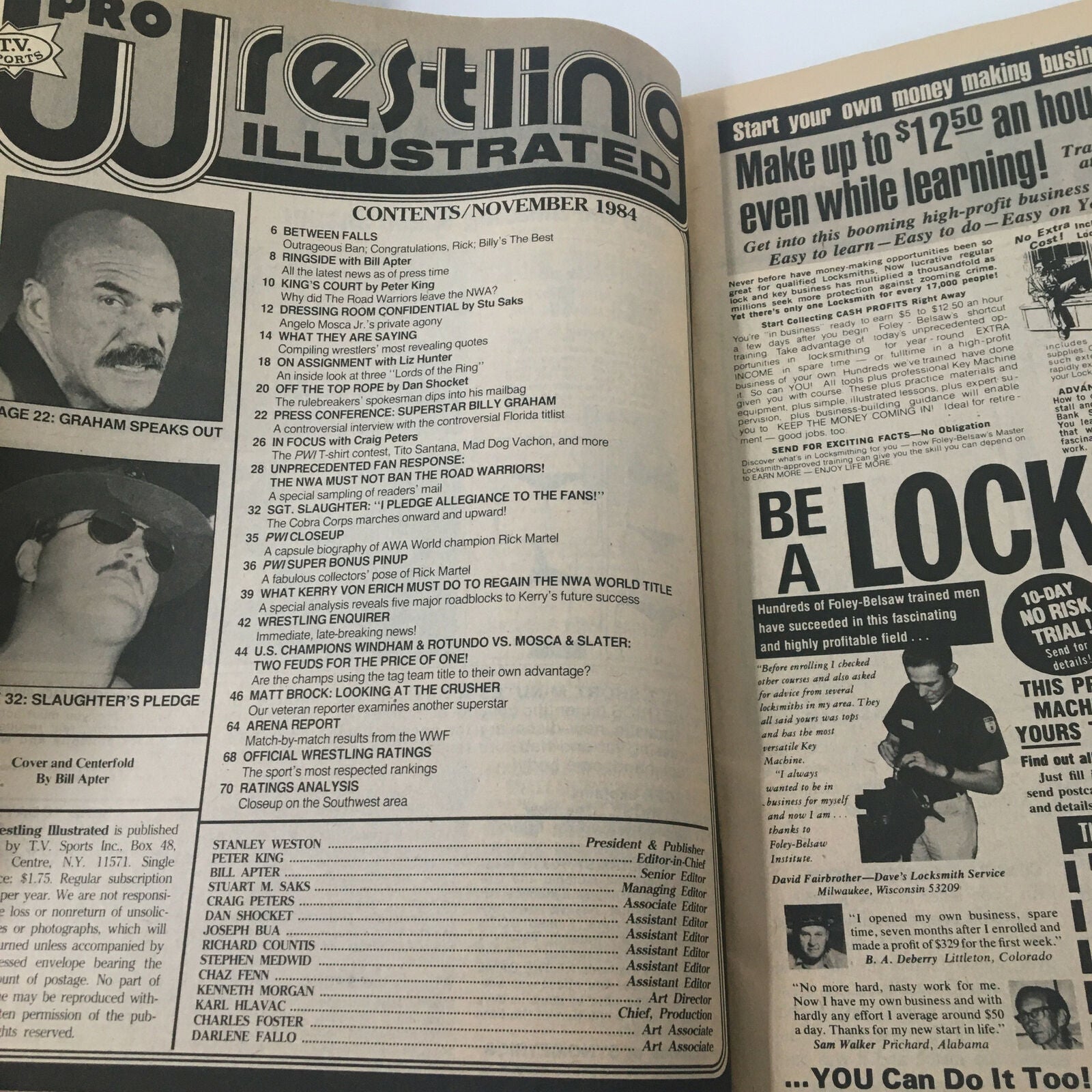Inside page of Pro Wrestling Illustrated November 1984 displaying the contents list, featuring articles and interviews related to prominent wrestlers of the 1980s.