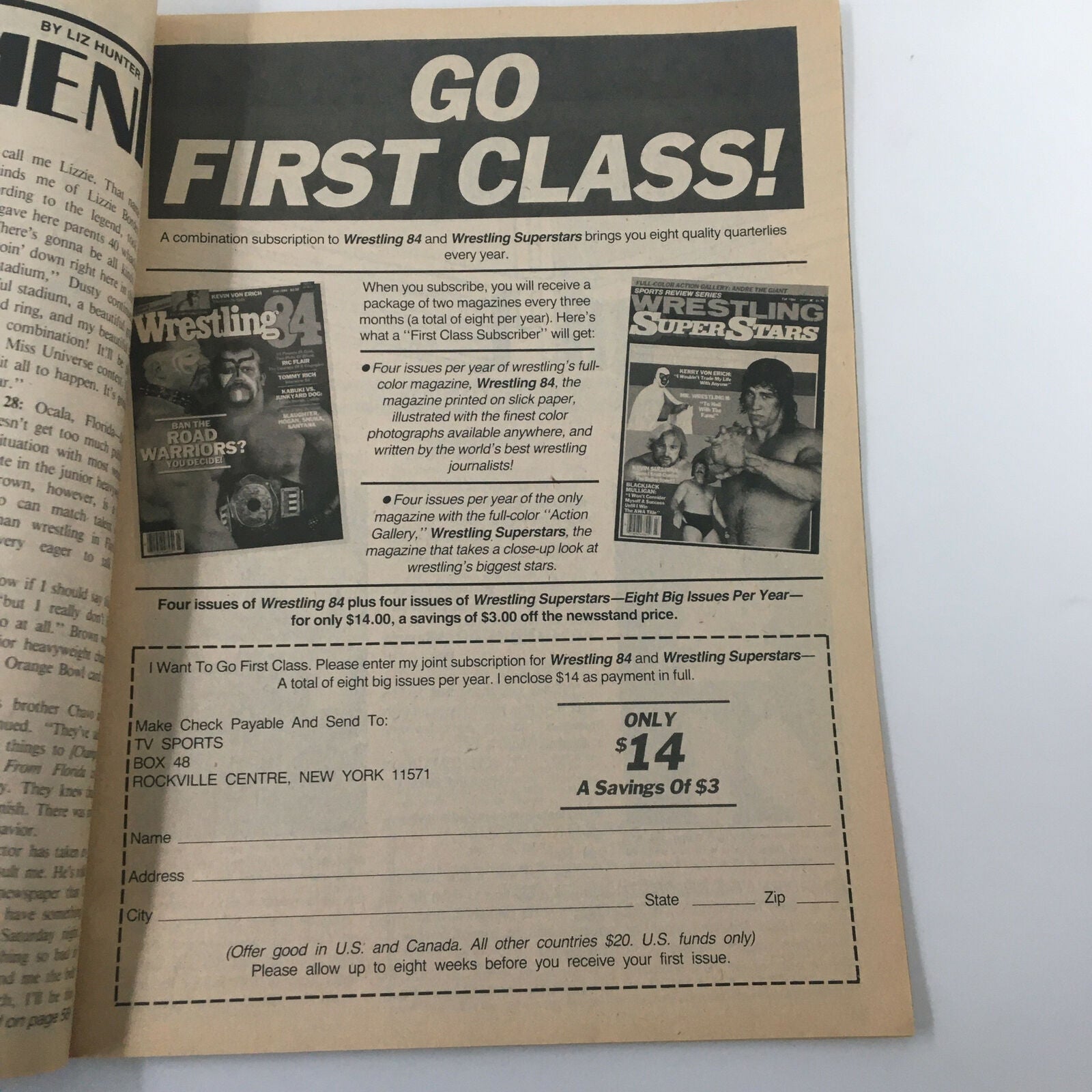 Promotional page from Pro Wrestling Illustrated November 1984 detailing subscription options for Wrestling 84 and Wrestling Superstars, emphasizing savings.