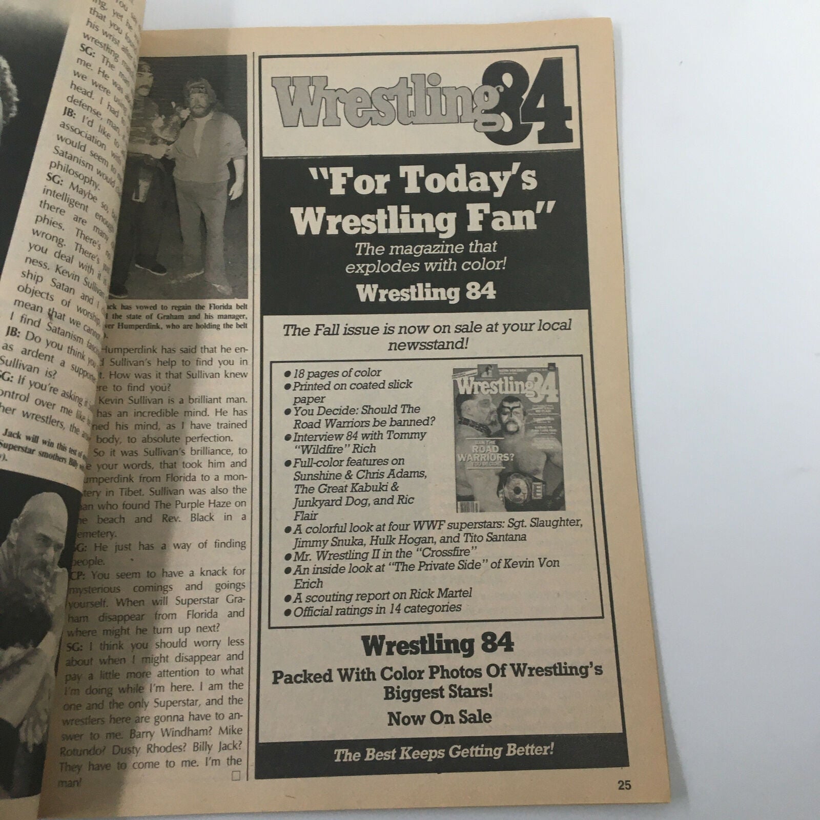 Another promotional page from Pro Wrestling Illustrated November 1984 featuring subscription offers and articles from previous issues, targeting wrestling fans.