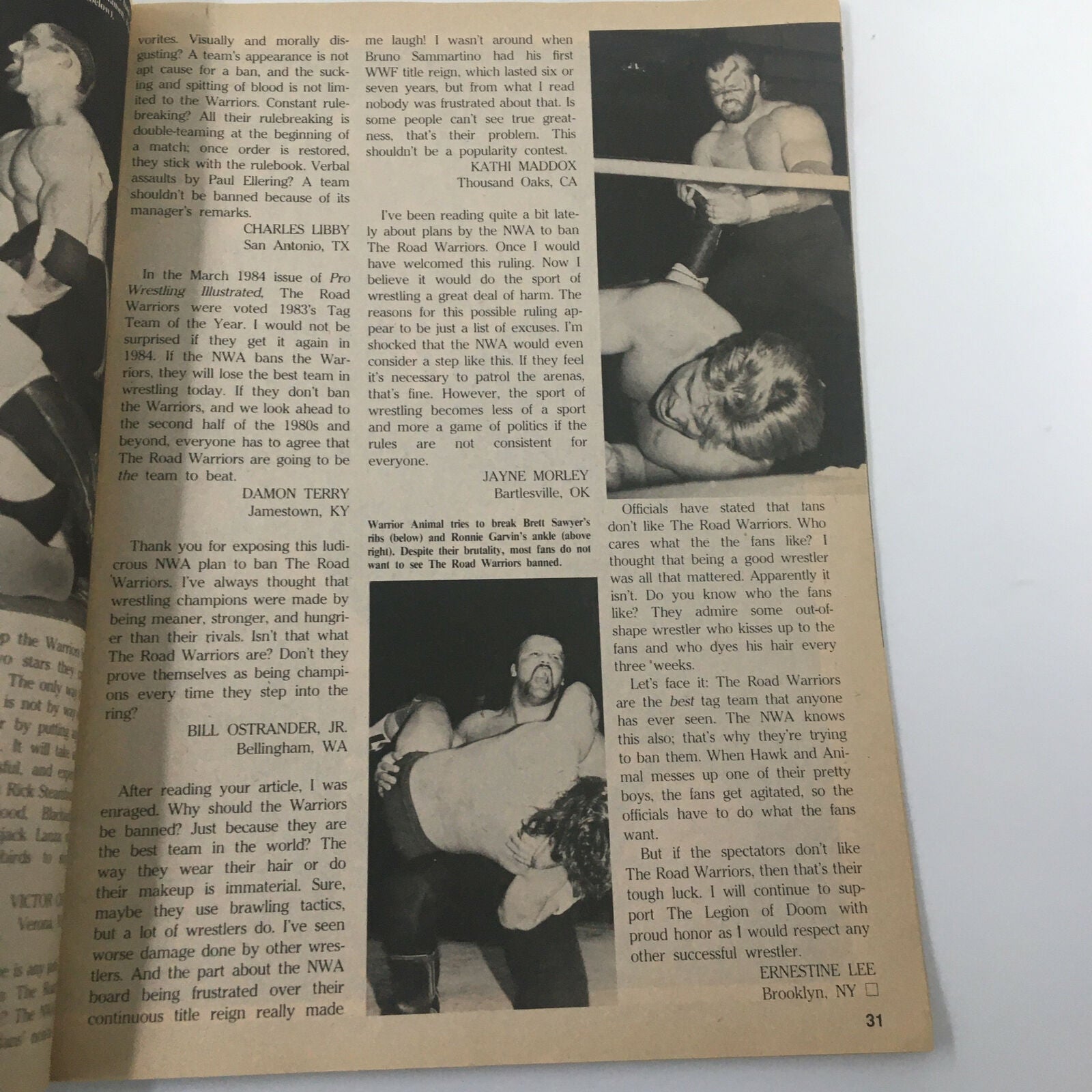 Pro Wrestling Illustrated November 1984 magazine page featuring wrestling commentary and insights on tag team battles, showcasing discussions from fans and wrestlers alike.