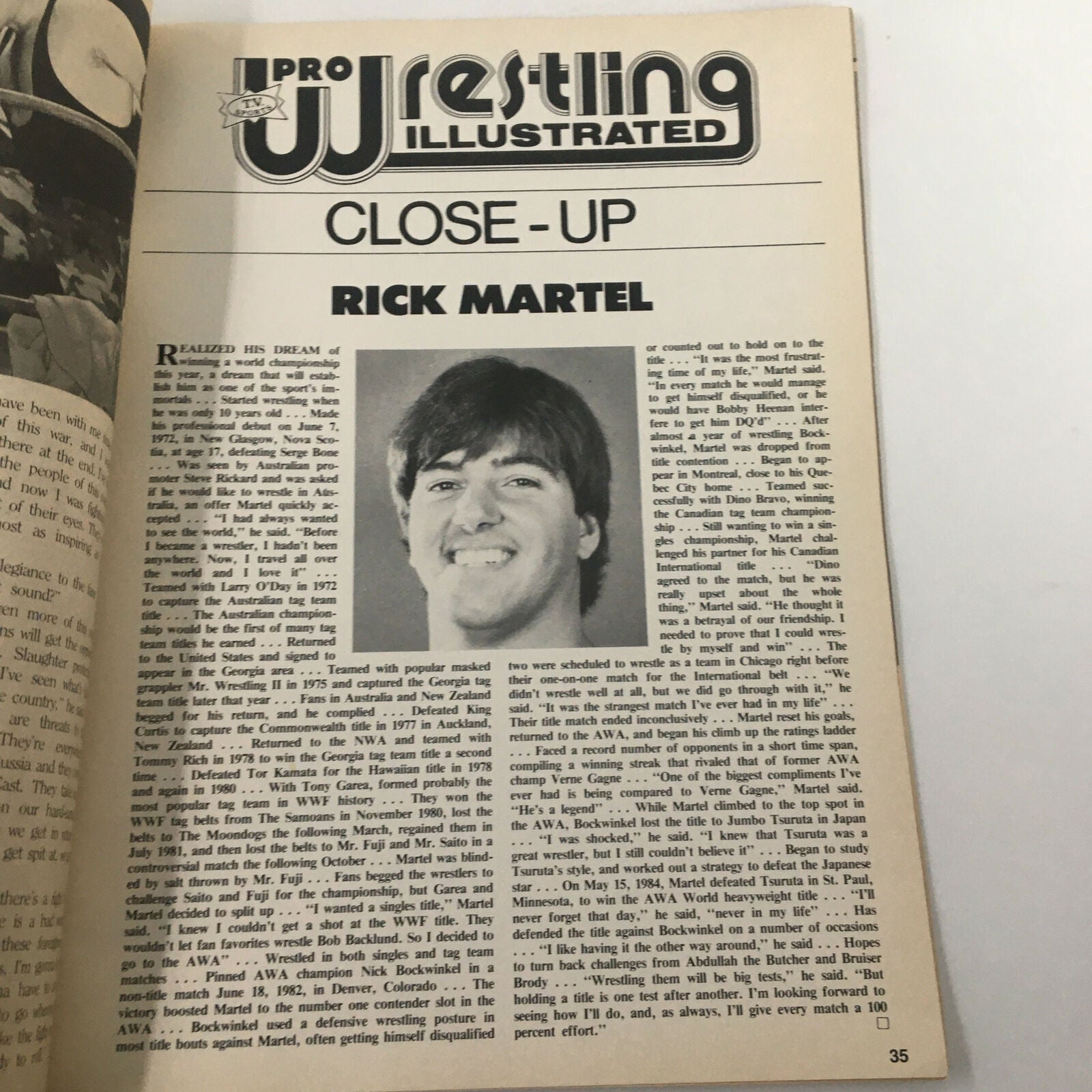 Pro Wrestling Illustrated November 1984 magazine page with a close-up feature on wrestler Rick Martel, including his career highlights and a black and white photograph.