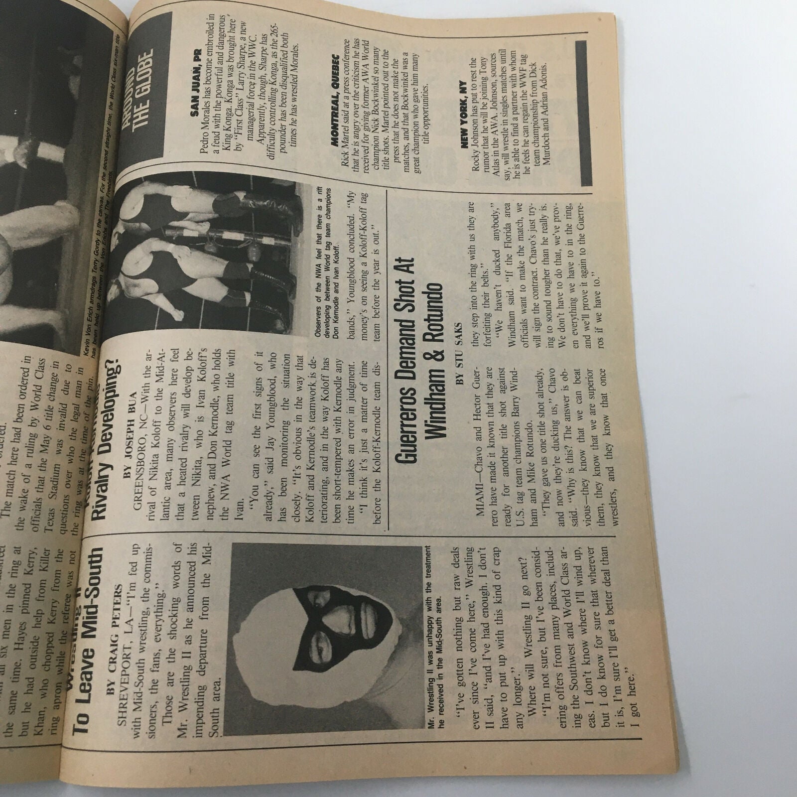 Pro Wrestling Illustrated November 1984 magazine page highlighting wrestling news and developments, featuring an image of masked wrestlers and key wrestling updates.
