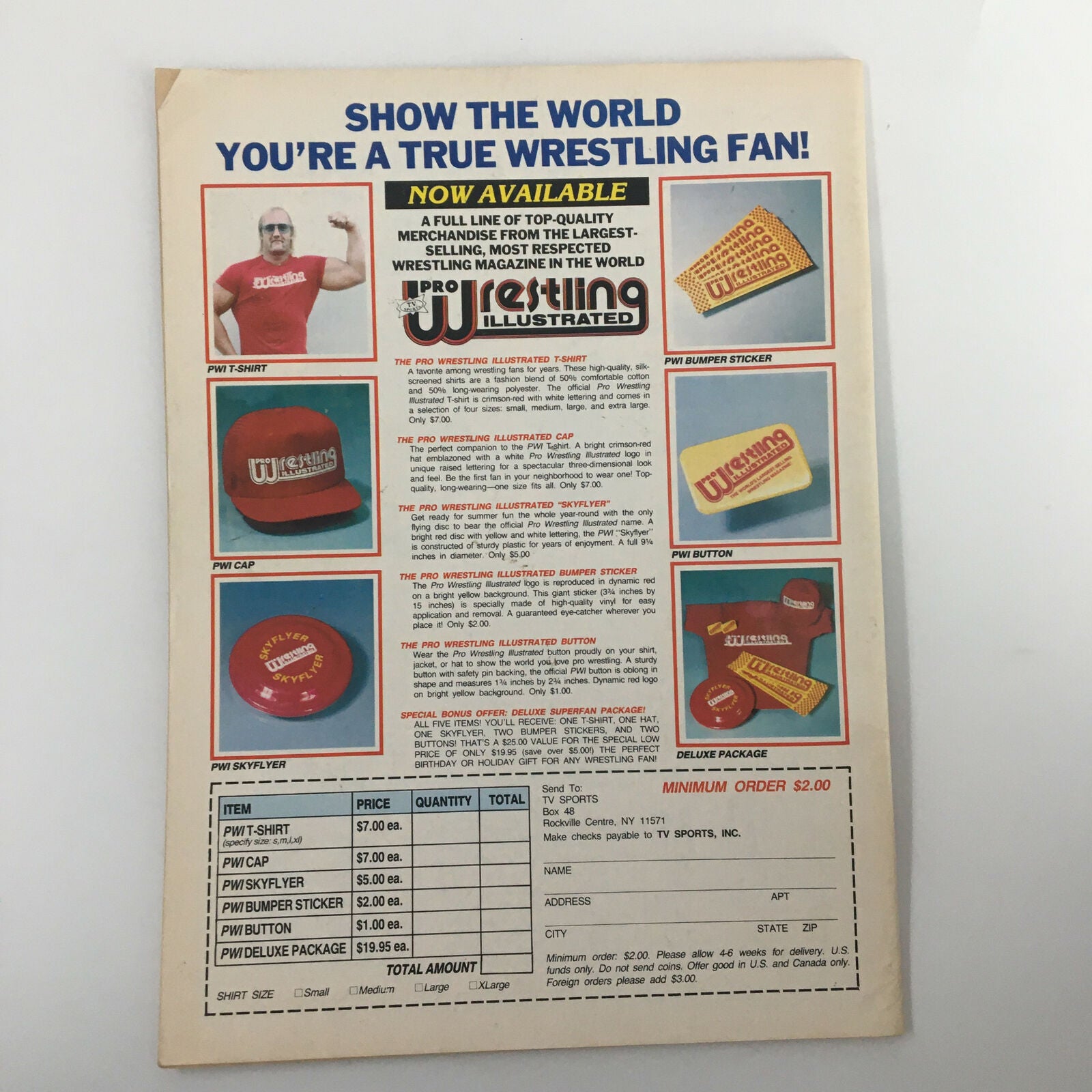 Pro Wrestling Illustrated November 1984 magazine back cover showcasing available merchandise including apparel and accessories for wrestling fans.