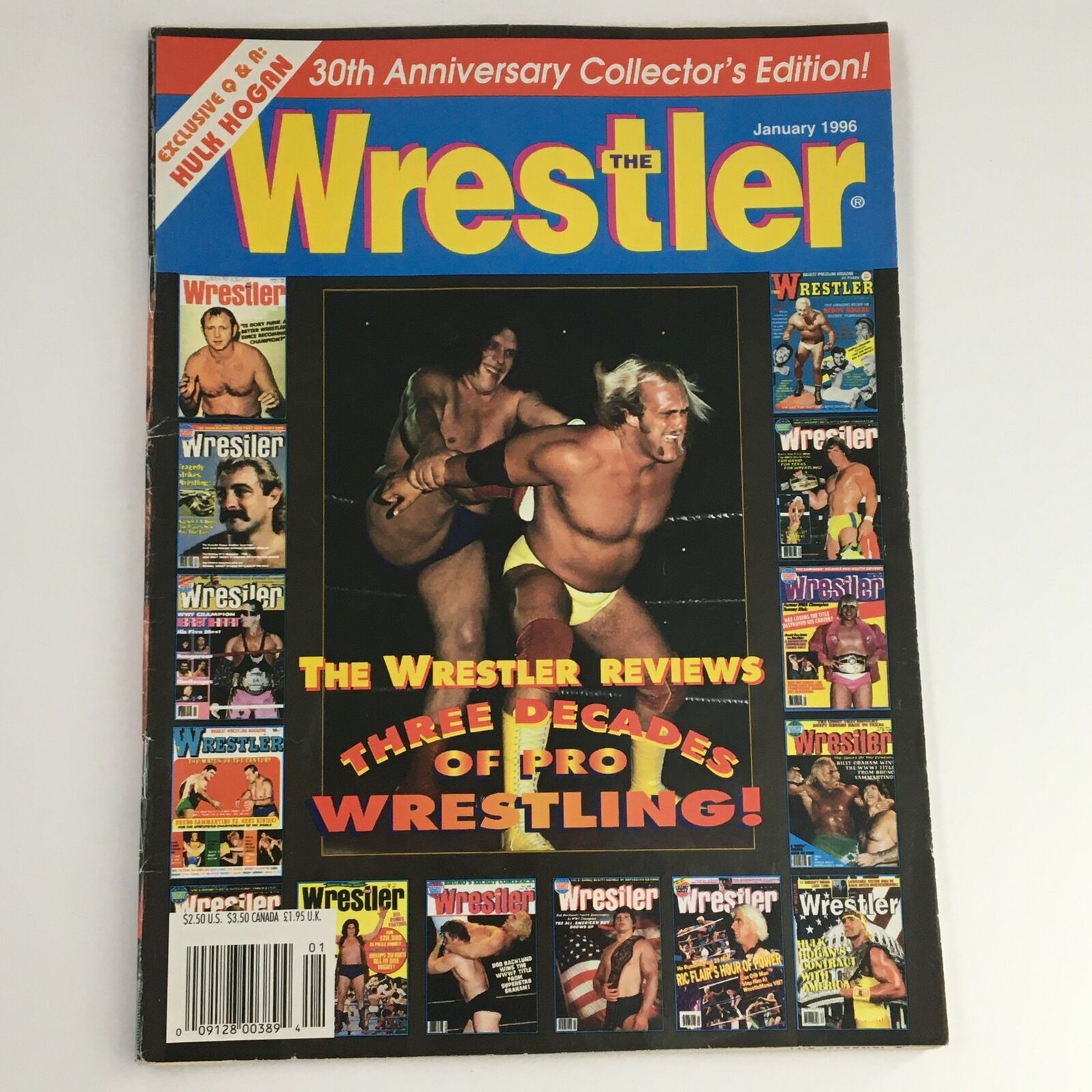 The Wrestler Magazine January 1996 cover featuring Hulk Hogan and Andre the Giant, showcasing wrestling history and iconic personalities.