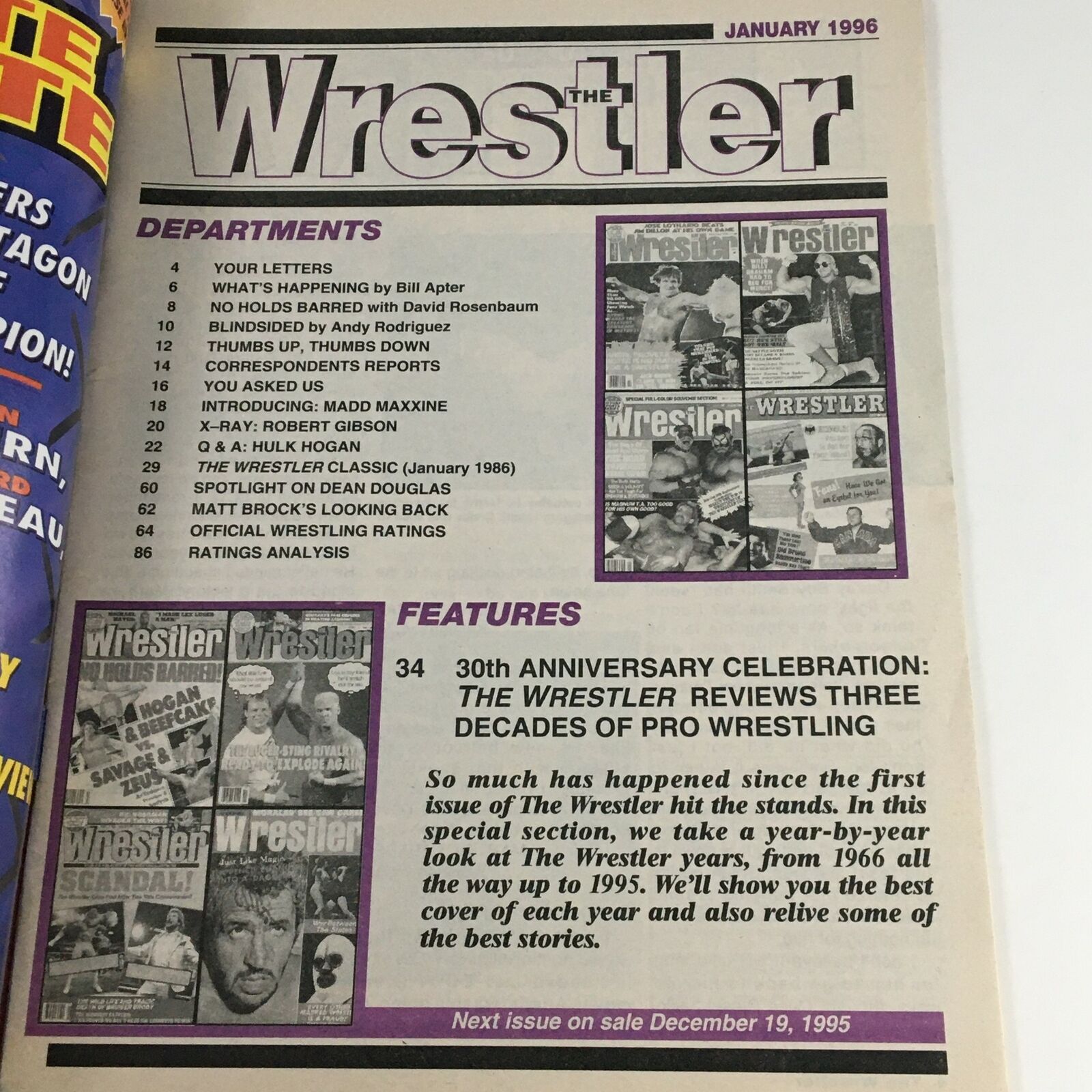 Interior page of The Wrestler Magazine January 1996 featuring the table of contents, highlighting various wrestling articles and departments.