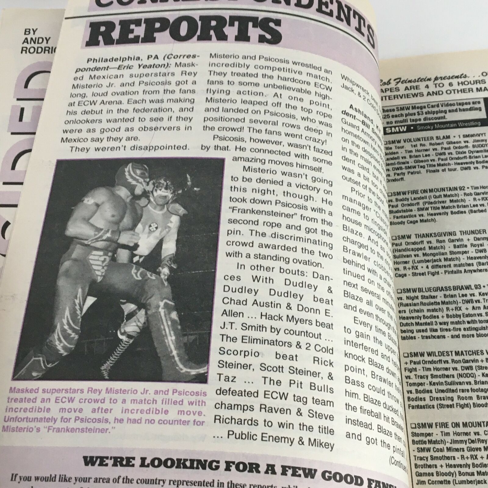 Article page from The Wrestler Magazine January 1996 detailing competitive wrestling matches featuring Rey Misterio Jr and Psicosis along with correspondent reports.