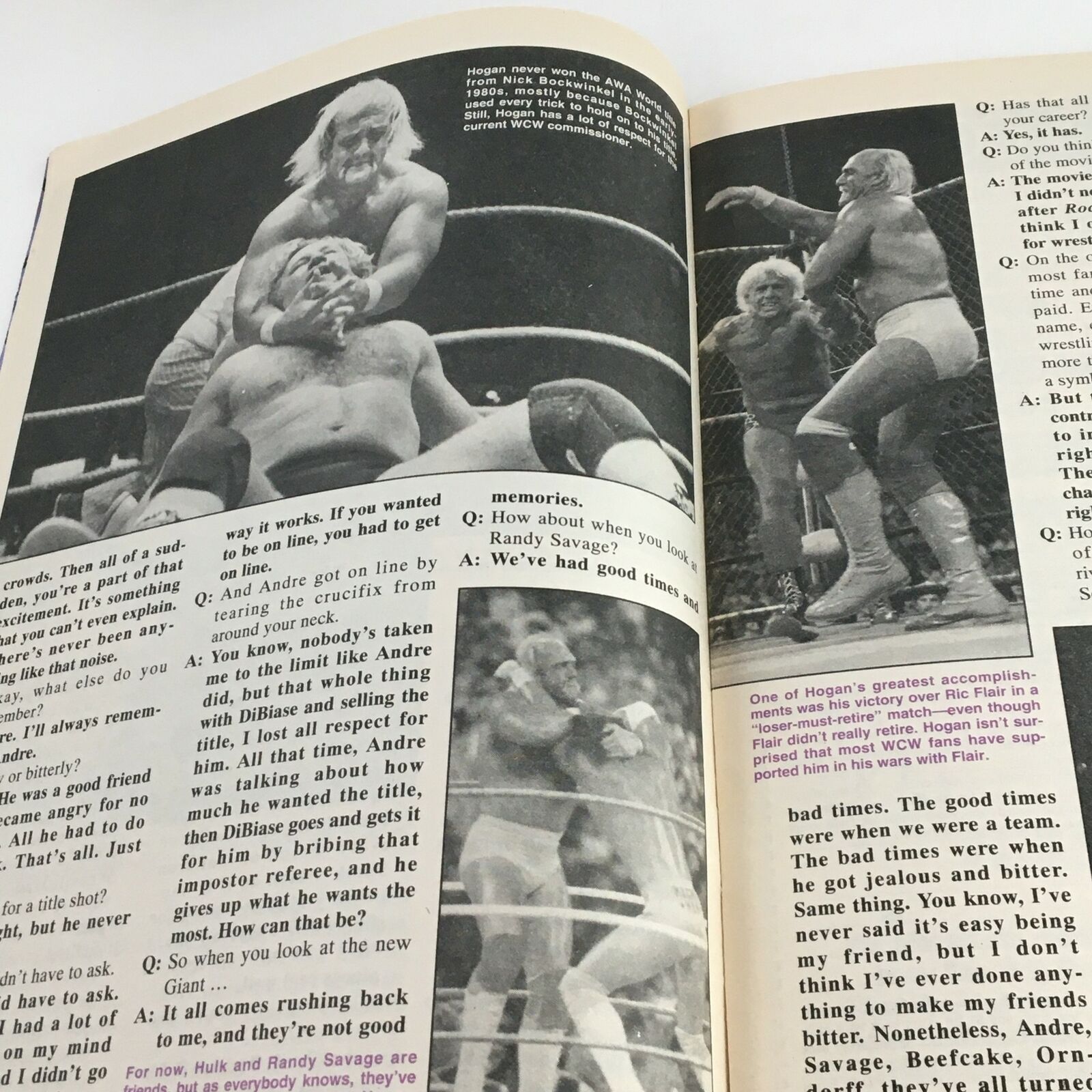 Interview page from The Wrestler Magazine January 1996 featuring Hulk Hogan discussing his wrestling career and memories with Andre the Giant.