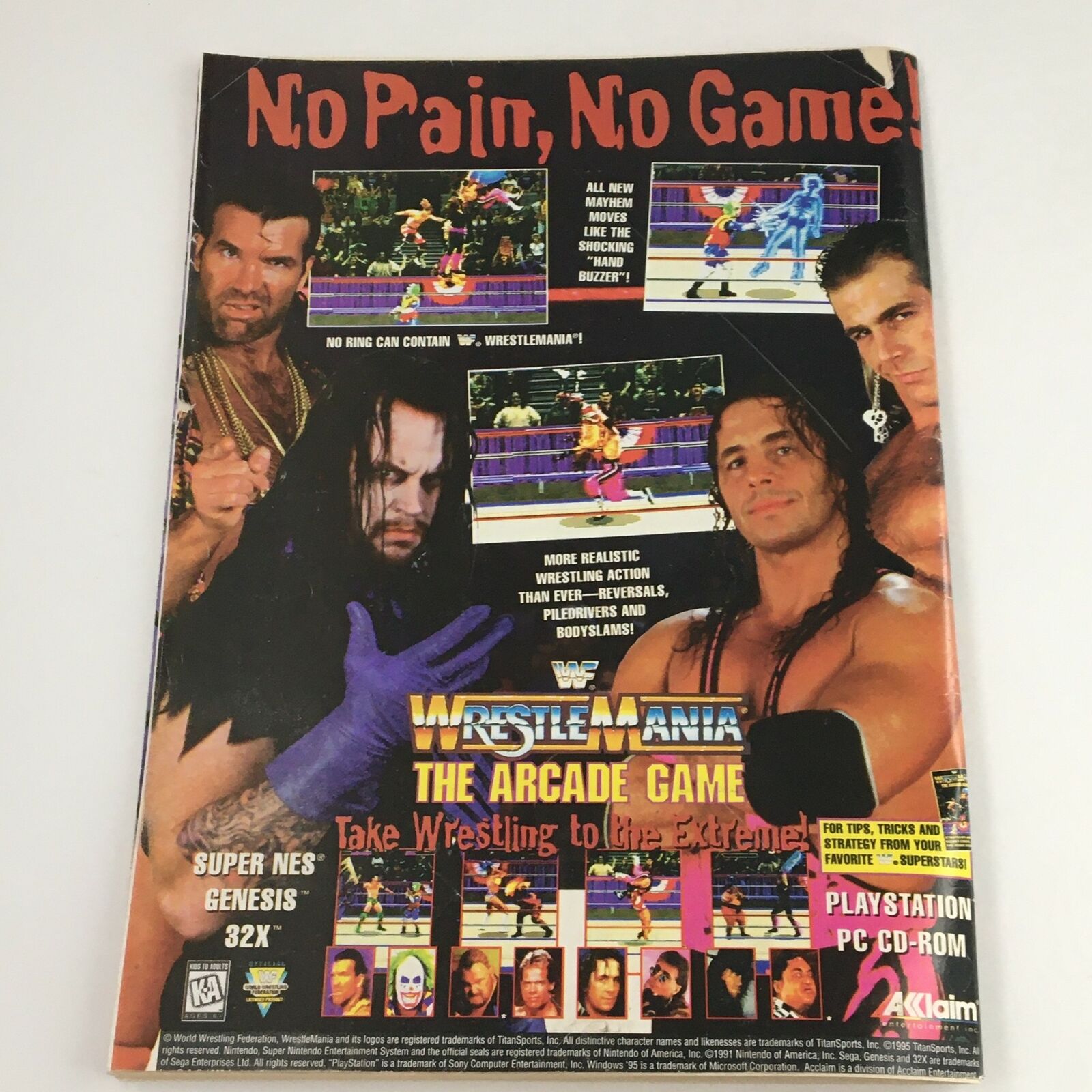 The Wrestler Magazine January 1996 featuring Hulk Hogan and Andre the Giant - Cover image displaying wrestling action and promotional details for the WrestleMania arcade game.