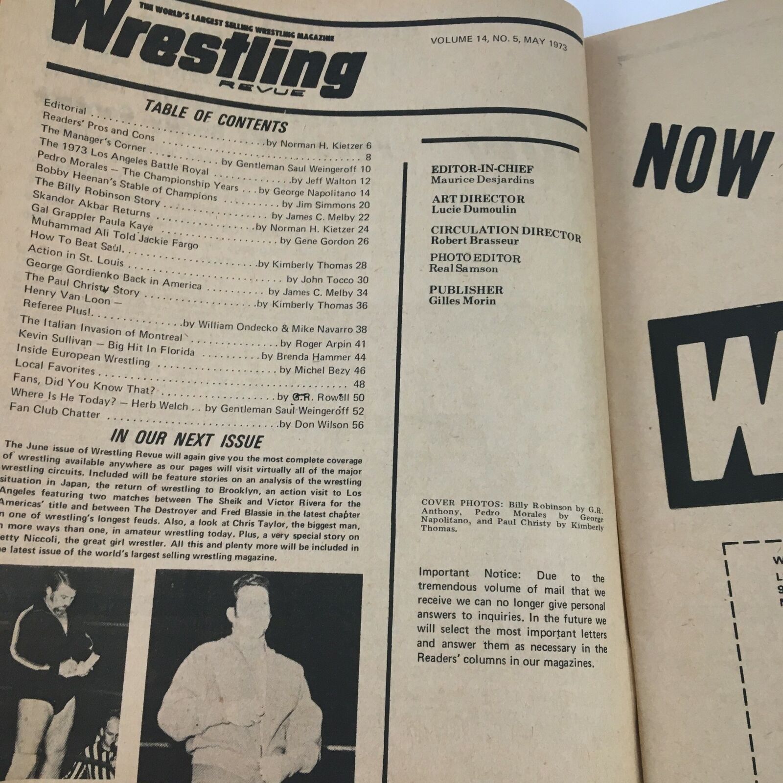 Wrestling Revue Magazine May 1973 Pedro Morales & Billy Robinson, No Label