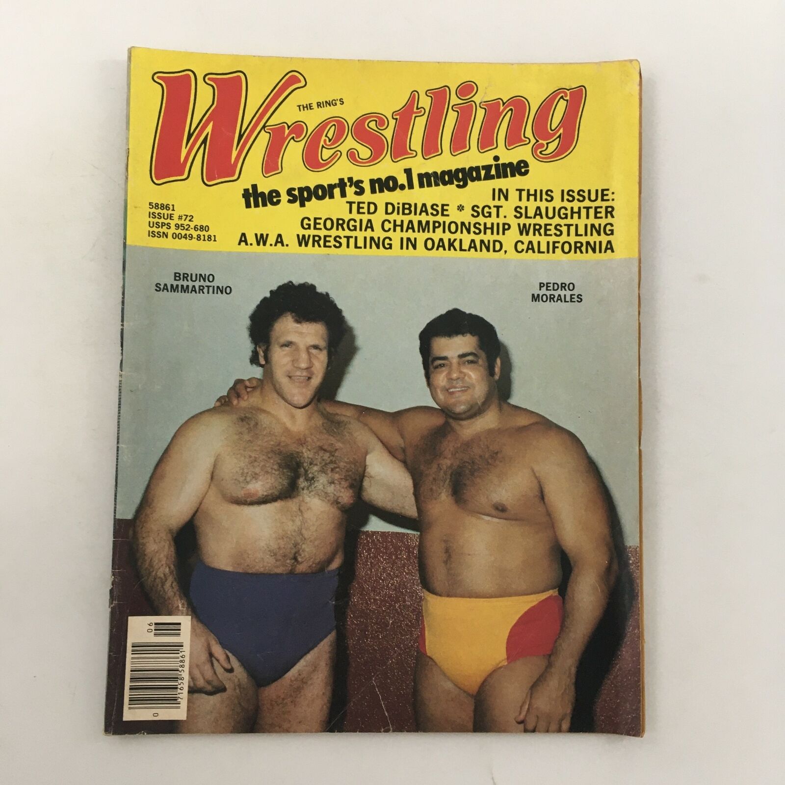 Cover of The Ring's Wrestling Magazine #72 June 1981 featuring wrestlers Bruno Sammartino and Pedro Morales posing together, highlighting this vintage collectible.
