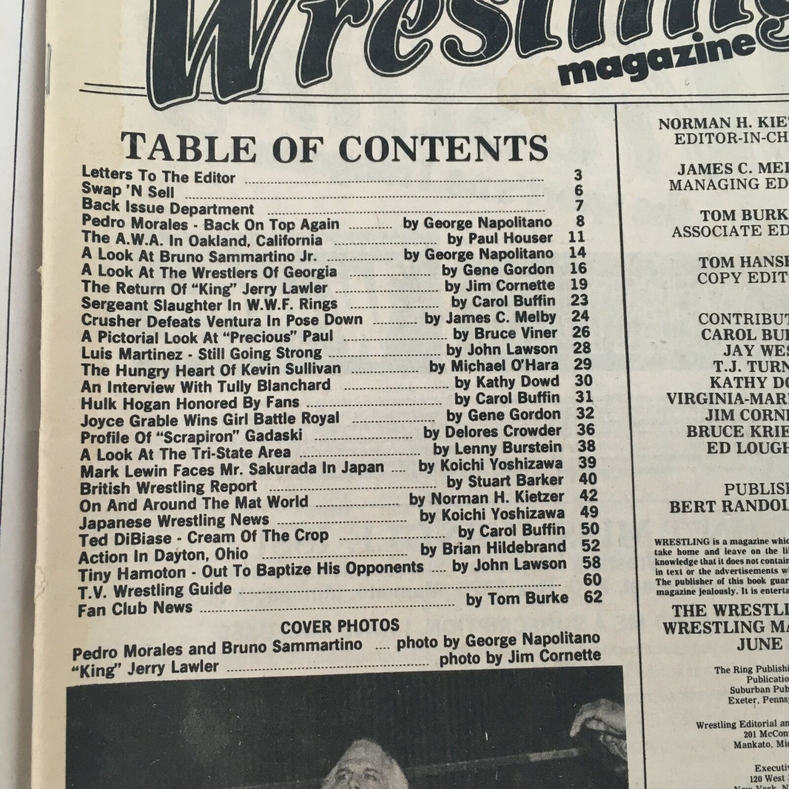 Table of contents from The Ring's Wrestling Magazine #72 June 1981, detailing various articles and features about wrestling personalities and events of the era.
