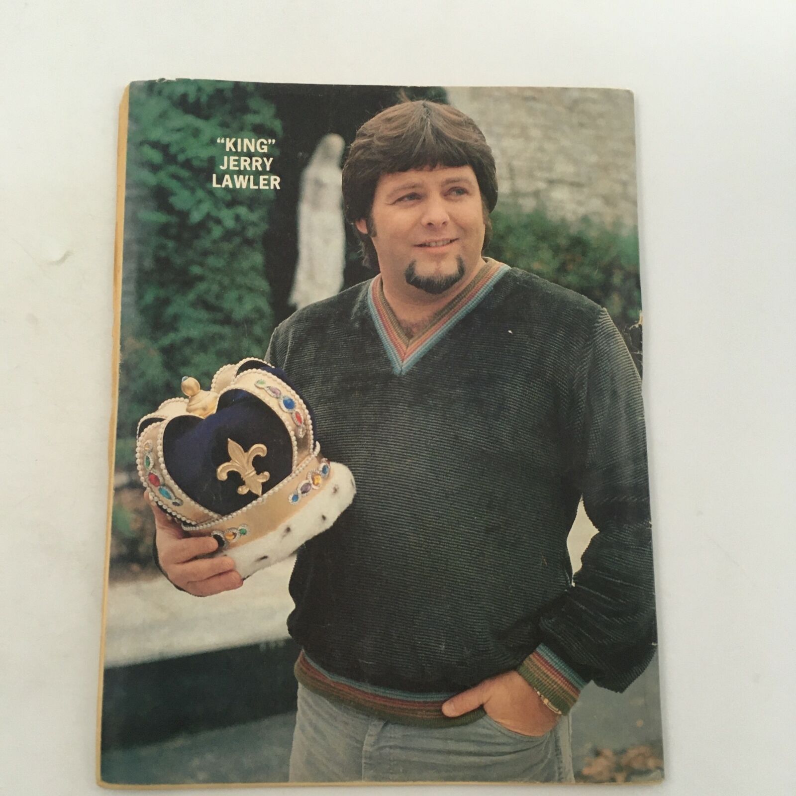 Image of professional wrestler "King" Jerry Lawler holding a crown, featured in The Ring's Wrestling Magazine #72 June 1981, depicting wrestling icons.