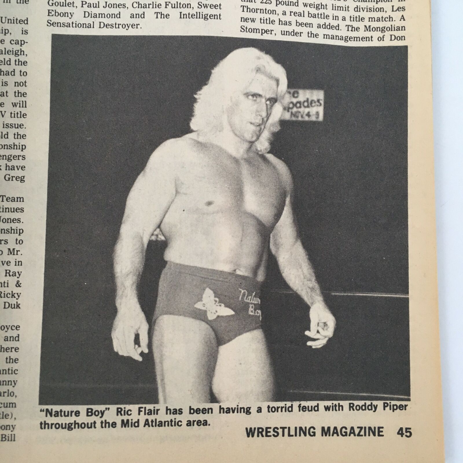 Photo of Ric Flair in The Ring's Wrestling Magazine #72 June 1981, showcasing the legendary wrestler during a match in the Mid Atlantic area.