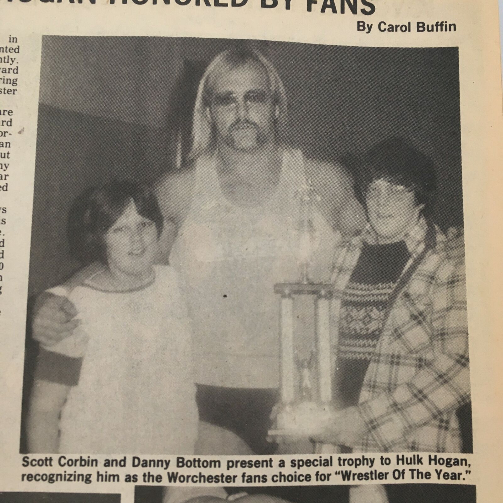 Hulk Hogan being honored by fans in The Ring's Wrestling Magazine #72 June 1981, receiving a trophy recognizing him as Wrestler of the Year.