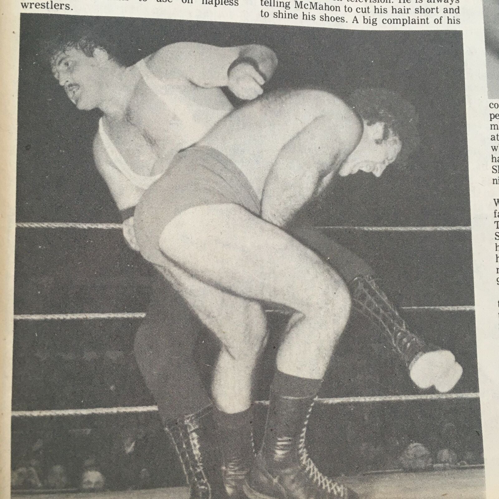 A vintage wrestling match from The Ring's Wrestling Magazine #72, showcasing the dynamic action between two wrestlers in the ring. This June 1981 issue features legends Bruno Sammartino and Pedro Morales, capturing the essence of wrestling culture during that era.