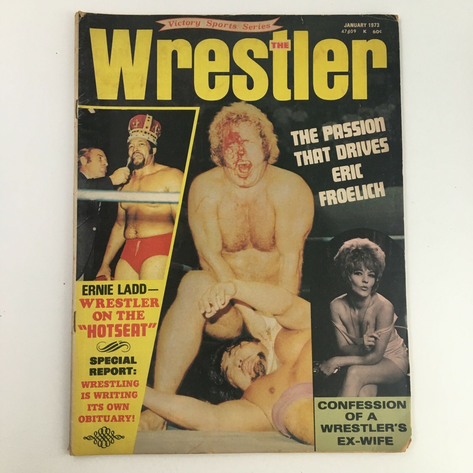 Cover of The Wrestler Magazine January 1973 featuring Eric Froelich and Ernie Ladd with highlights on wrestling content.