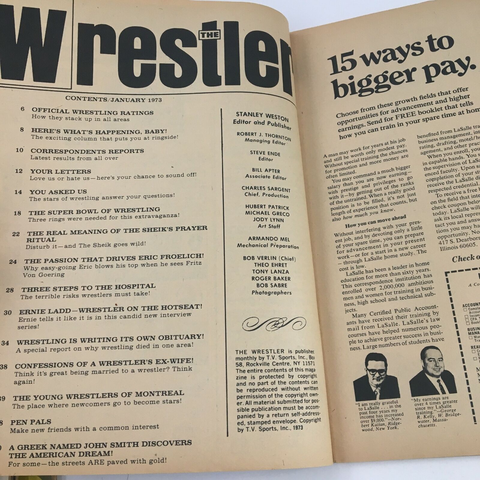 Inside page of The Wrestler Magazine January 1973 displaying the table of contents and article highlights.