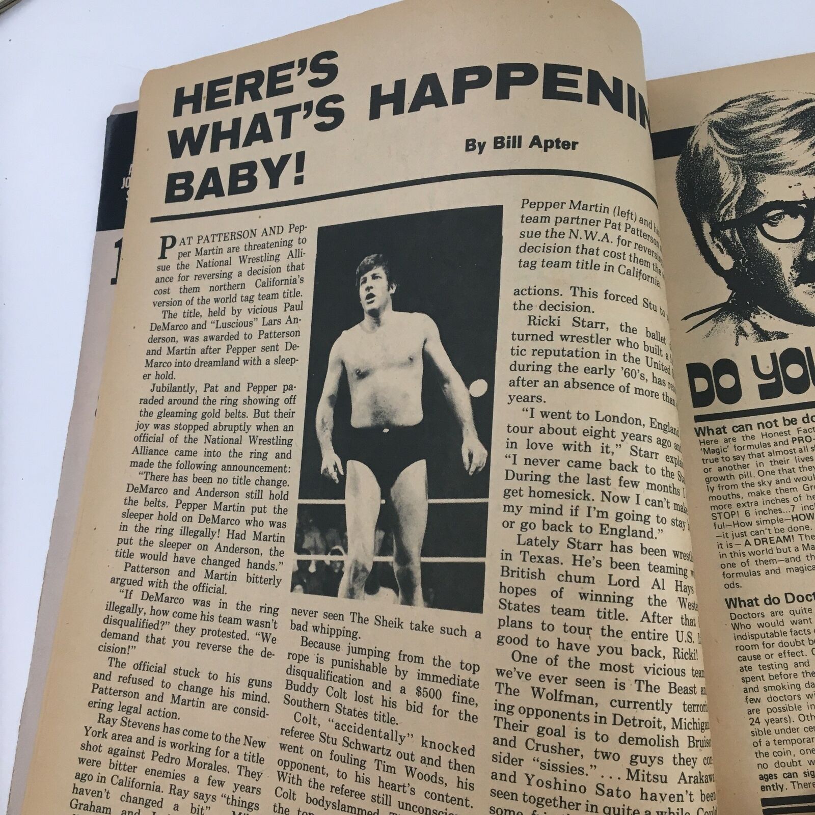 The Wrestler Magazine January 1973 featuring an article titled 'Here's What's Happening Baby!' by Bill Apter, showcasing a black and white image of wrestler Paul DeMarco and highlights from wrestling events.