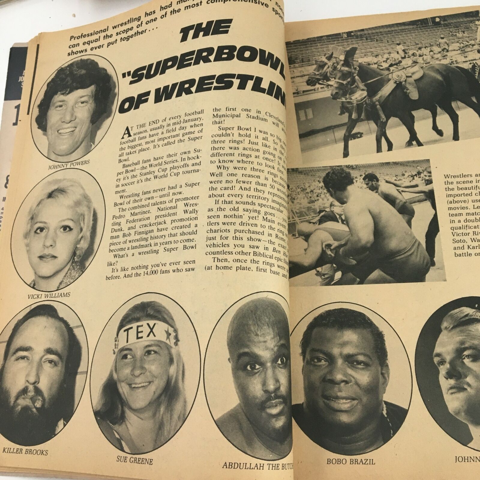 The Wrestler Magazine January 1973 featuring the section titled 'The Super Bowl of Wrestling', displaying images of wrestlers and promotional content related to the wrestling event.