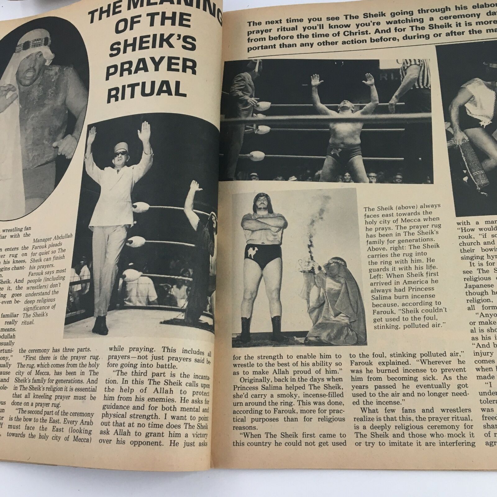 The Wrestler Magazine January 1973 presenting 'The Meaning of the Sheik's Prayer Ritual', with images of The Sheik performing his iconic prayer routine in the wrestling ring.