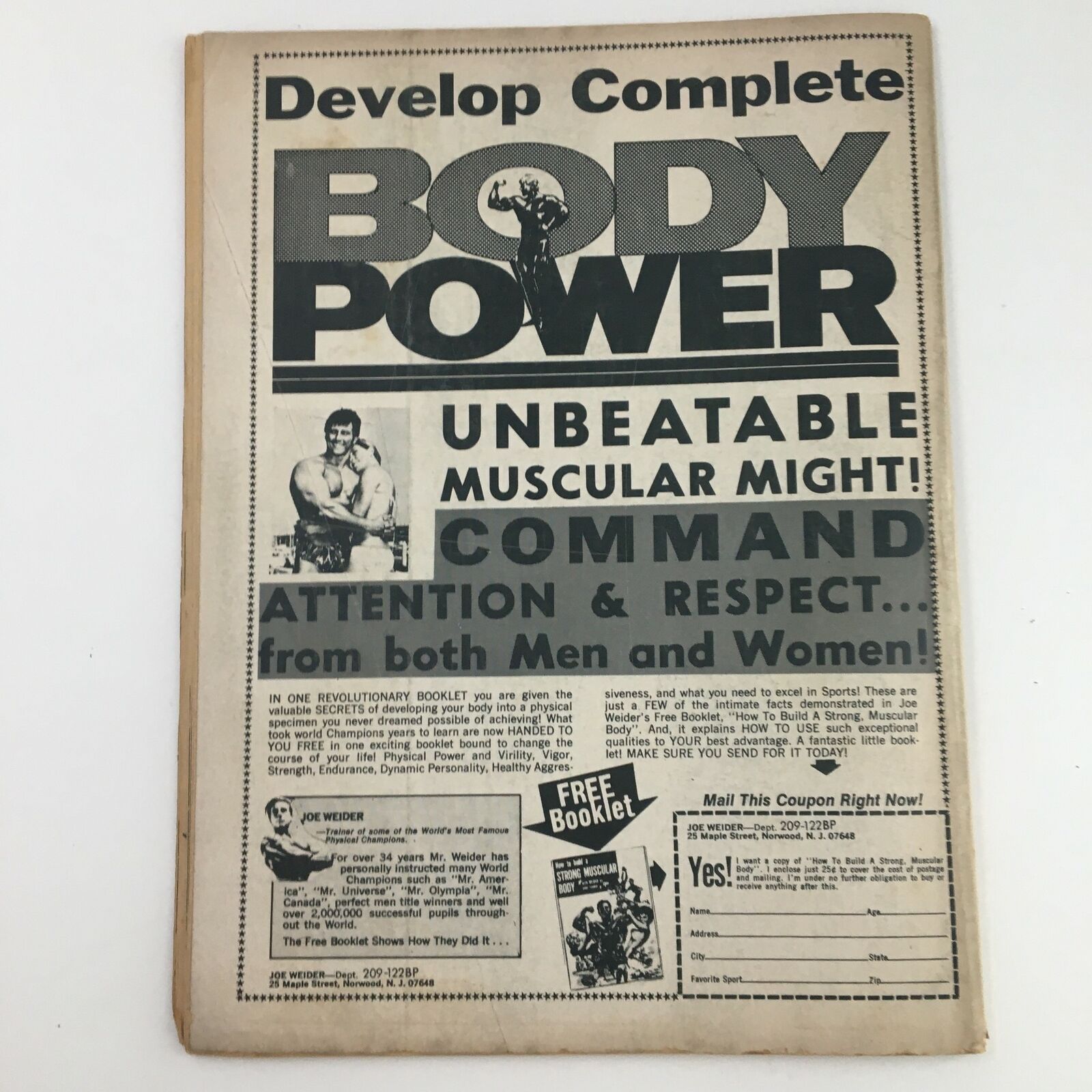 The Wrestler Magazine January 1973 showing a vintage advertisement for body building, promoting 'Develop Complete Body Power' with imagery of a muscular athlete.