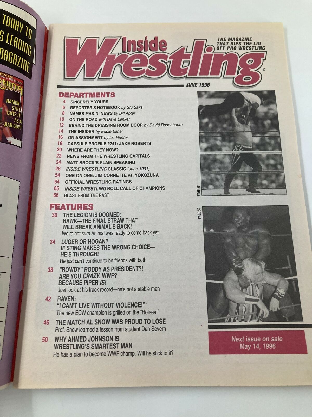 Interior page of Inside Wrestling Magazine June 1996 showcasing the table of contents. It includes features on wrestling topics and wrestlers such as Ahmed Johnson and Roddy Piper.