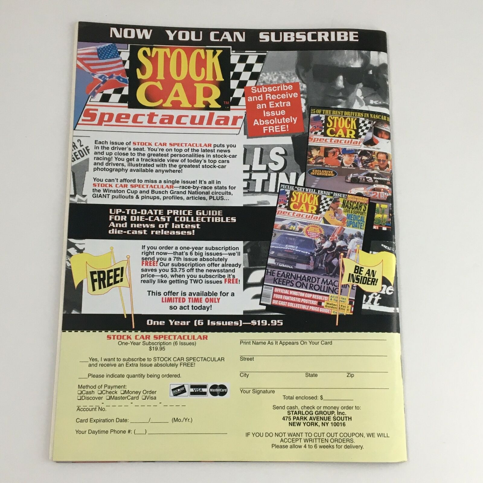 Back cover of TV Wrestlers August 1997 #28 magazine promoting subscription offers, featuring advertisements related to stock car racing and collectibles.