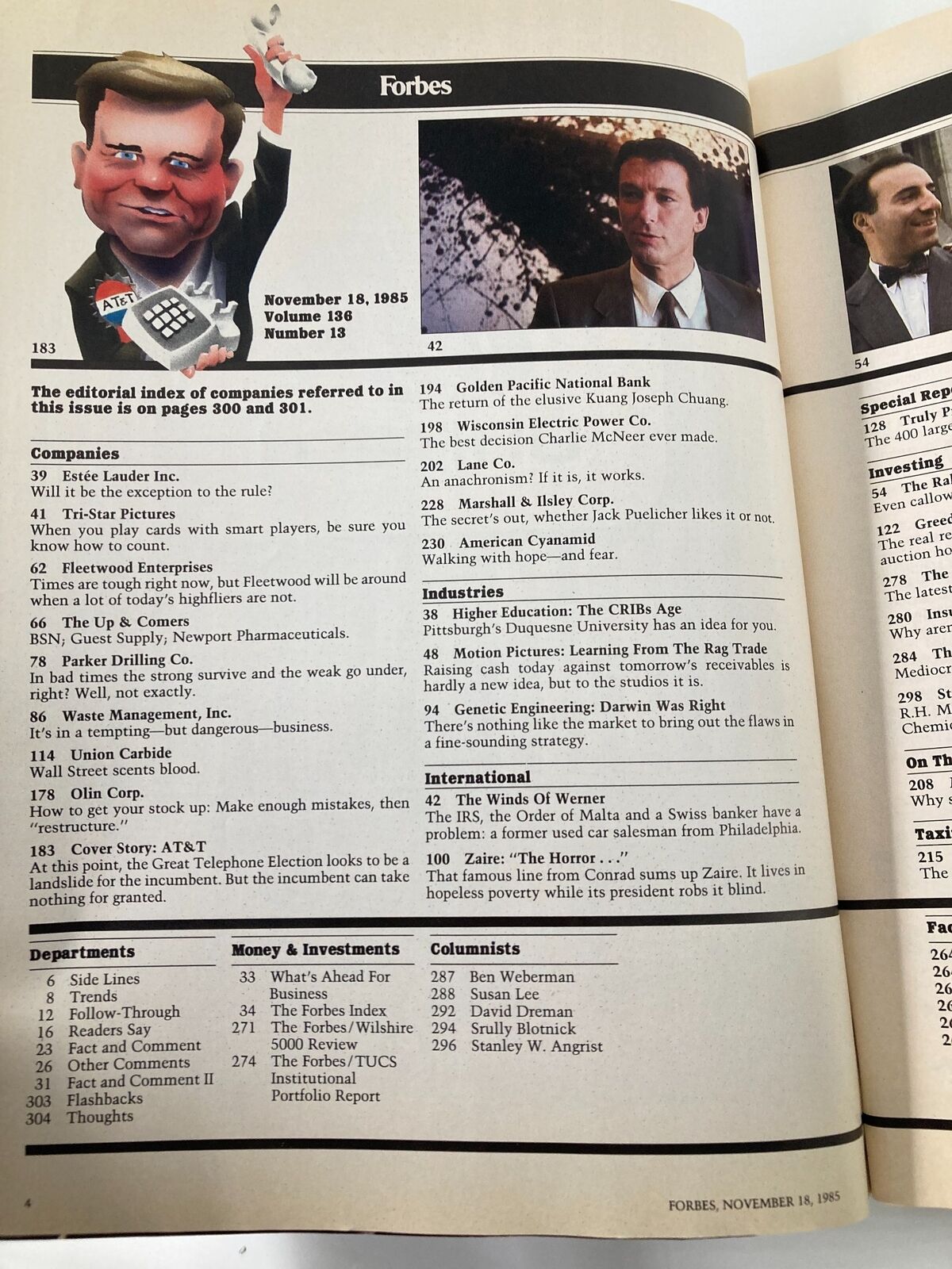 Interior pages of VTG Forbes Magazine from November 18, 1985, showcasing the theme 'Marketing: The Giant Telephone Election' with a cover illustration of a caricatured figure holding a telephone, highlighting marketing strategies of the era.