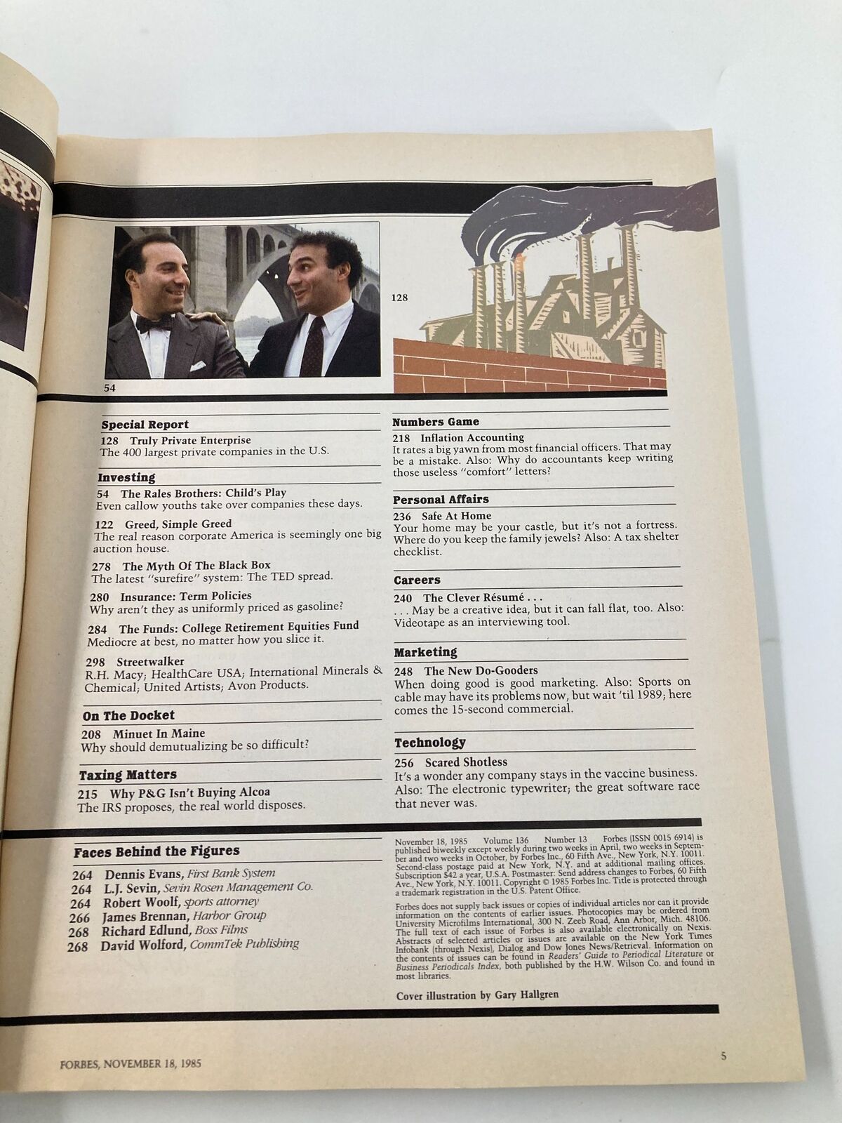 Interior pages of VTG Forbes Magazine from November 18, 1985, featuring a special report titled 'Truly Private Enterprise' with illustrations and text related to investment and business trends during the mid-1980s.