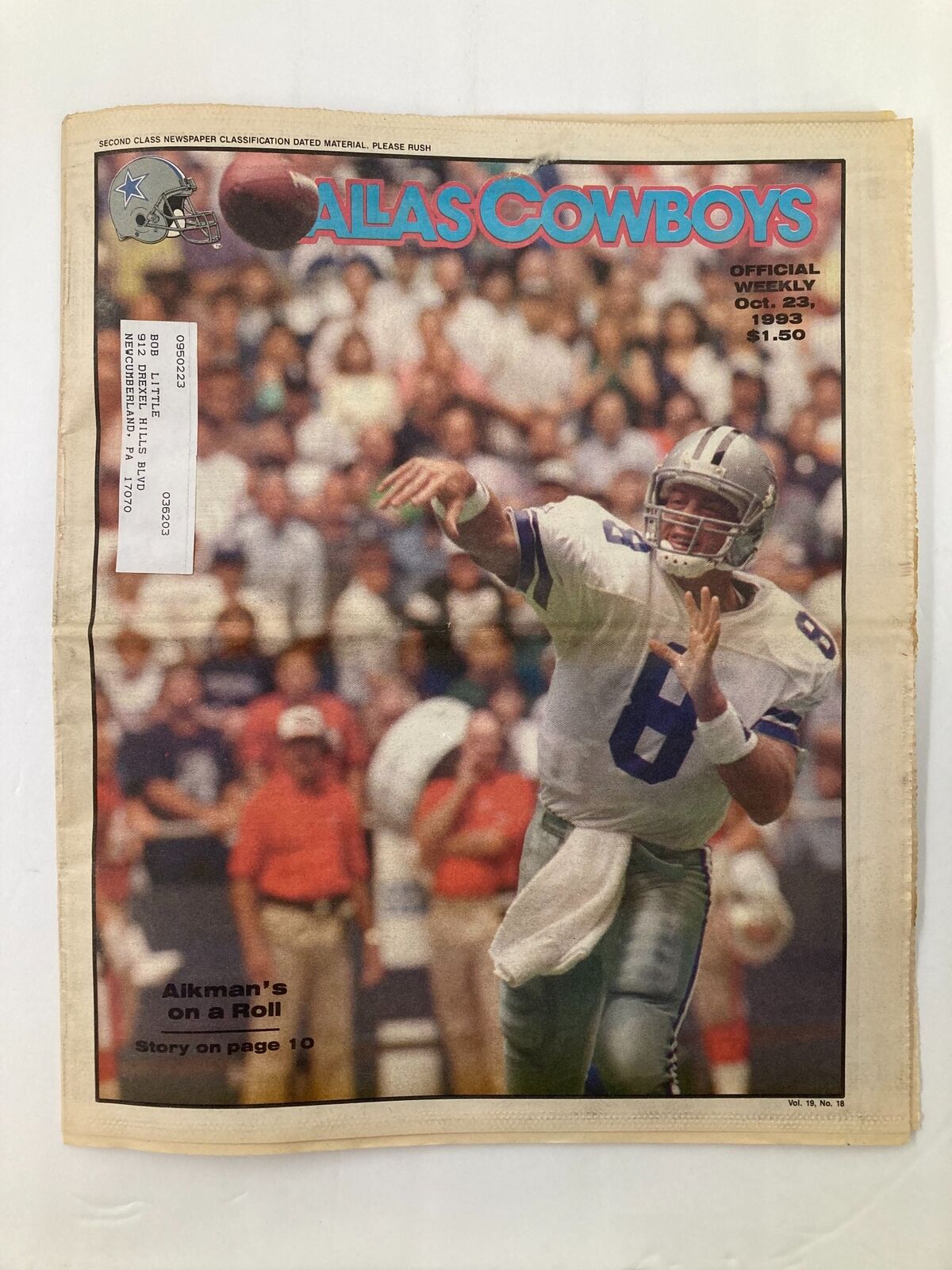 Dallas Cowboys Weekly Newspaper October 23 1993 Vol 19 #18 Troy Aikman