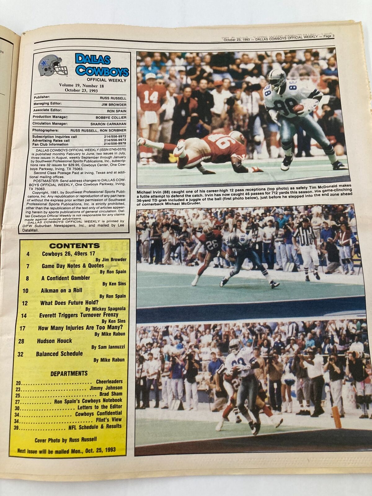 Dallas Cowboys Weekly Newspaper October 23 1993 Vol 19 #18 Troy Aikman