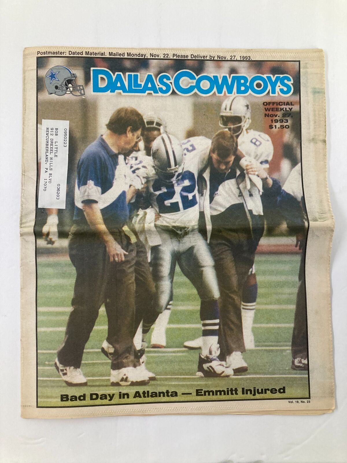 Dallas Cowboys Weekly Newspaper November 27 1993 Vol 19 #23 Emmitt Smith Injured