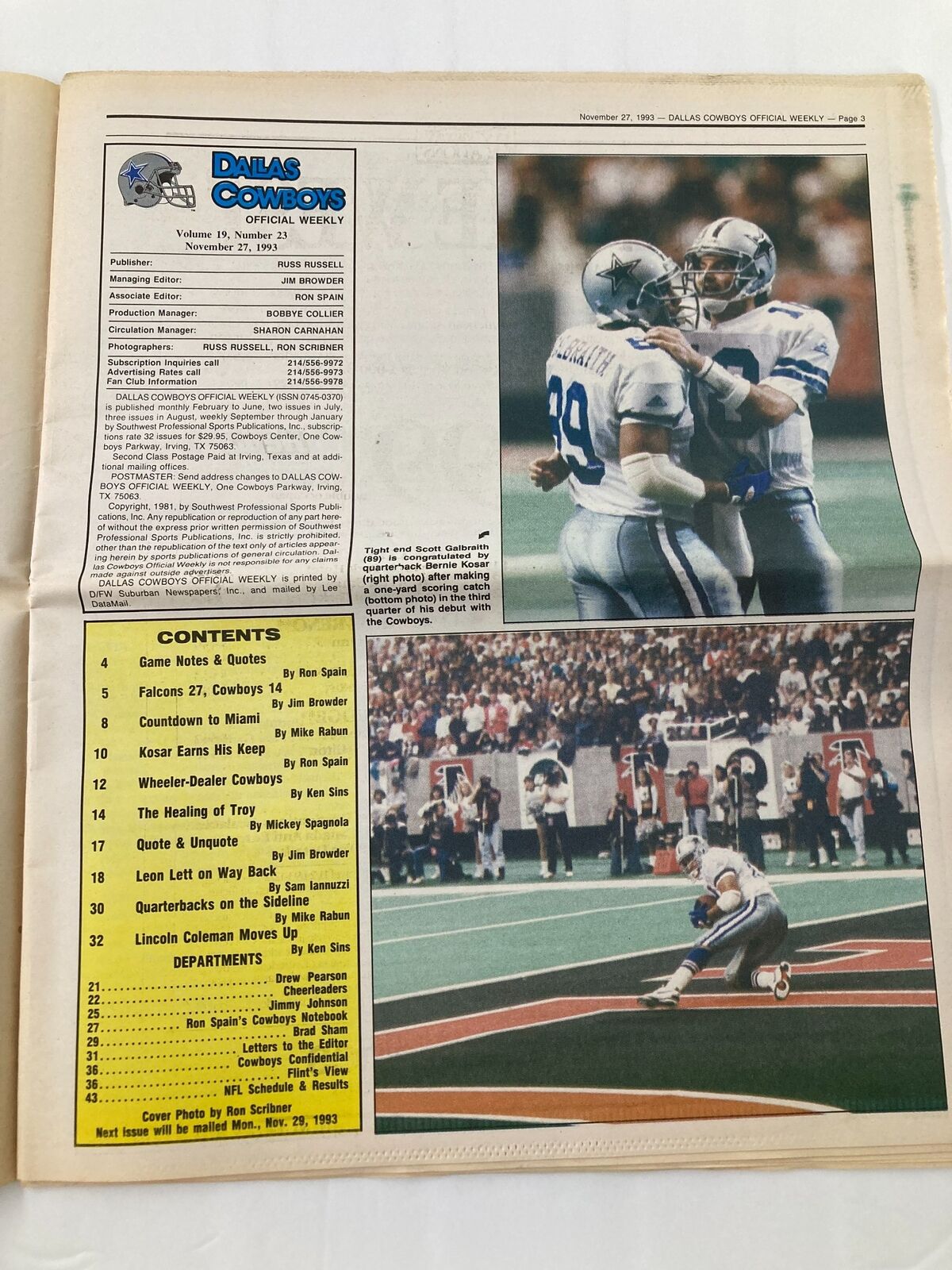 Dallas Cowboys Weekly Newspaper November 27 1993 Vol 19 #23 Emmitt Smith Injured