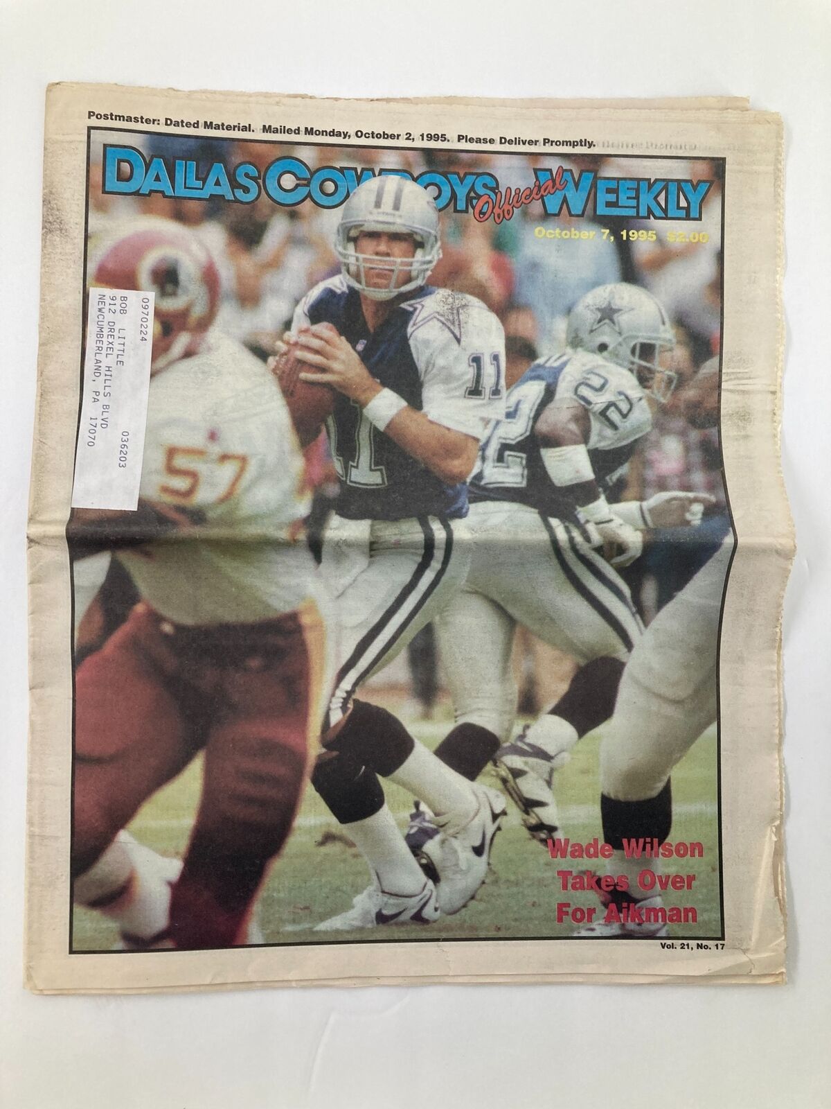 Dallas Cowboys Weekly Newspaper October 7 1995 Vol 21 #17 Wade Wilson & T Aikman