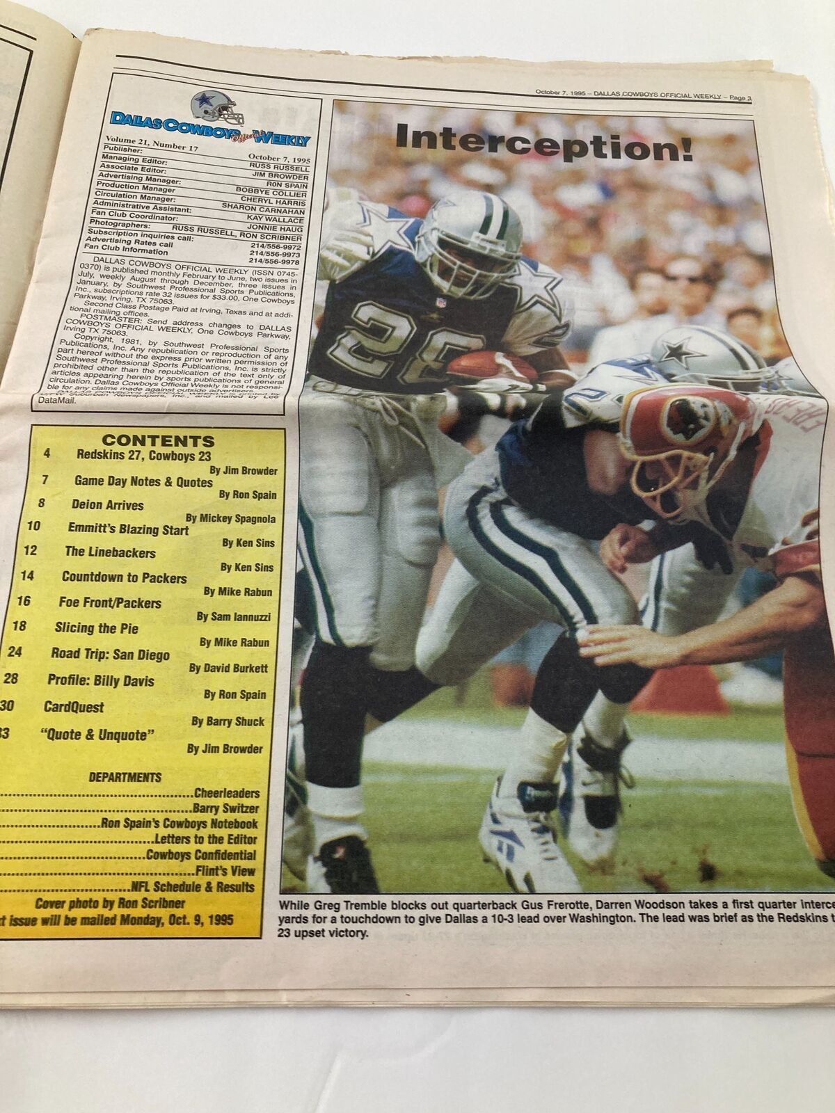 Dallas Cowboys Weekly Newspaper October 7 1995 Vol 21 #17 Wade Wilson & T Aikman