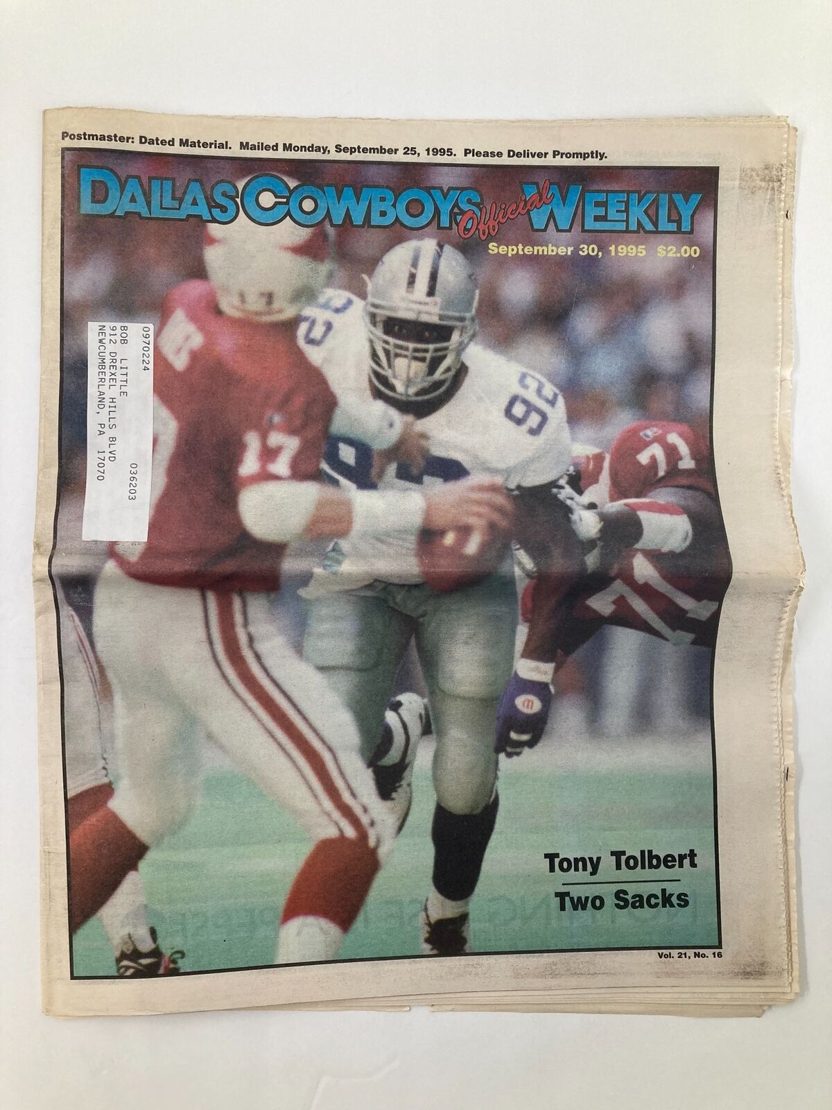 Dallas Cowboys Weekly Newspaper September 30 1995 Vol 21 #16 Tony Tolbert