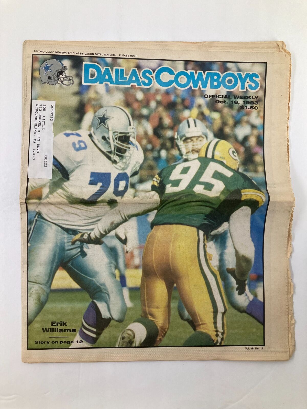 Dallas Cowboys Weekly Newspaper October 16 1993 Vol 19 #17 Erik Williams