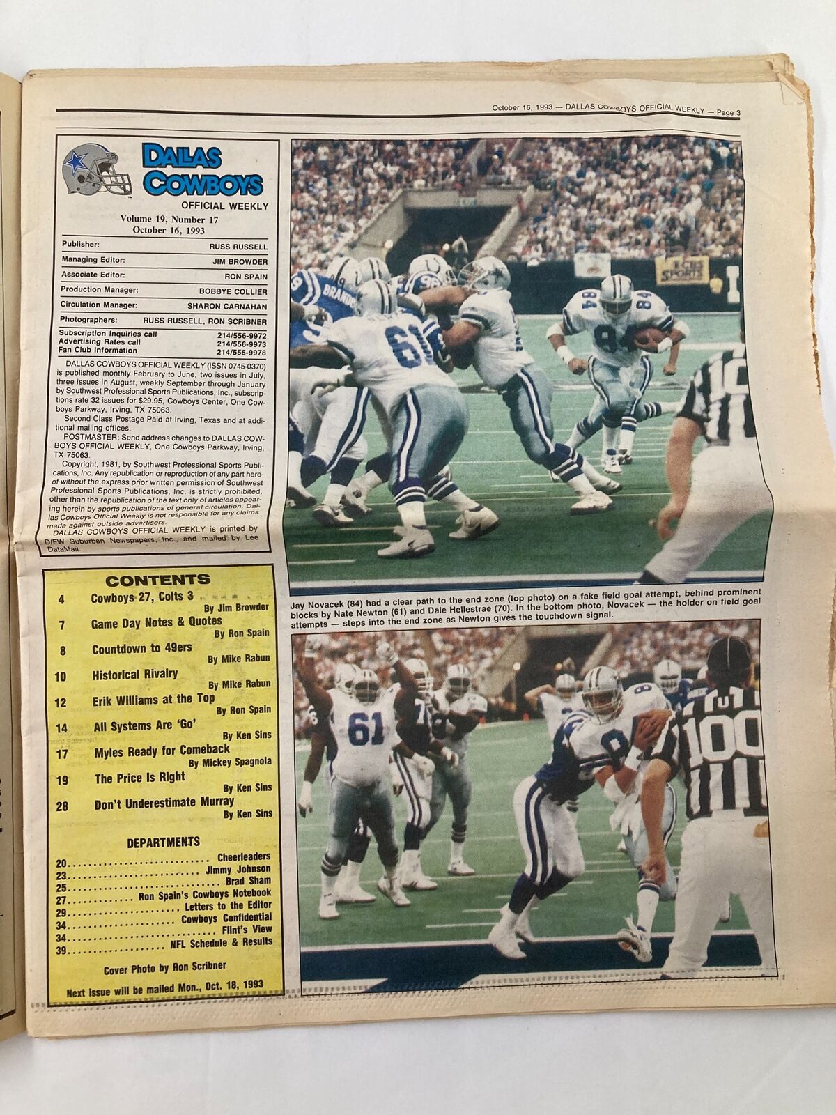 Dallas Cowboys Weekly Newspaper October 16 1993 Vol 19 #17 Erik Williams