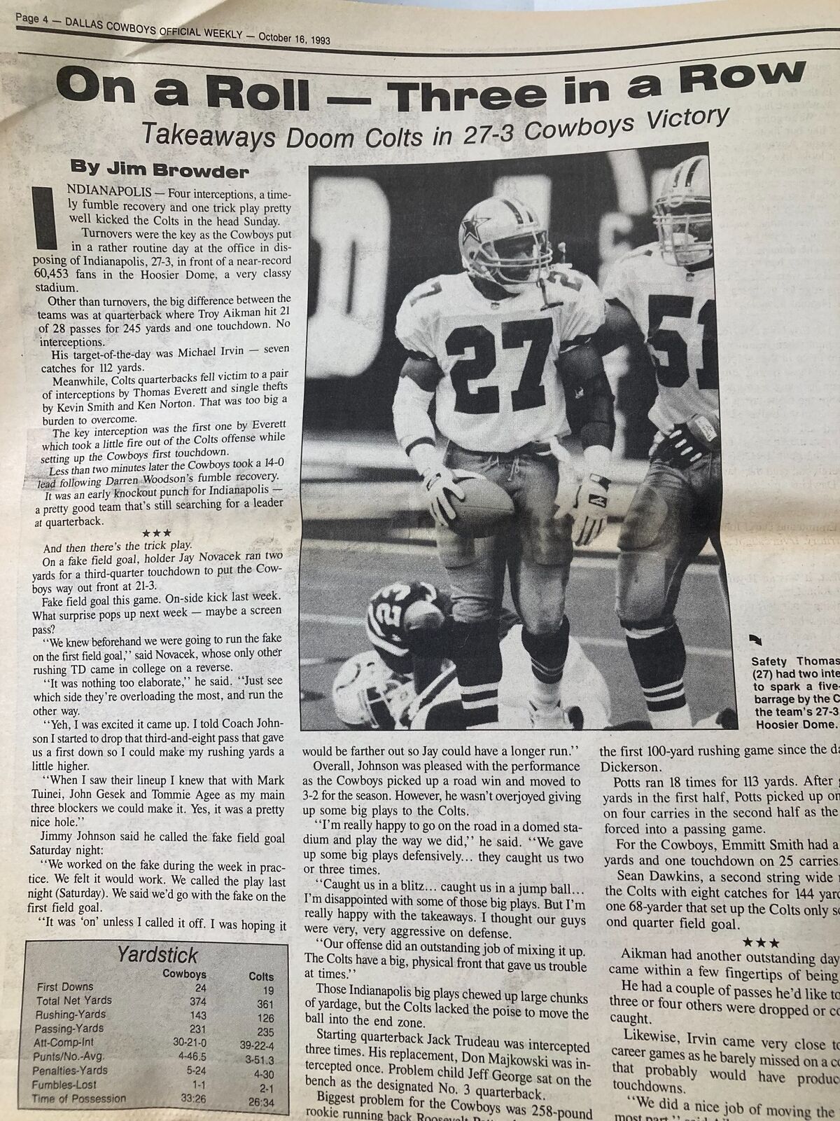 Dallas Cowboys Weekly Newspaper October 16 1993 Vol 19 #17 Erik Williams