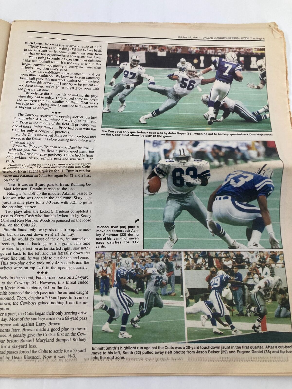 Dallas Cowboys Weekly Newspaper October 16 1993 Vol 19 #17 Erik Williams