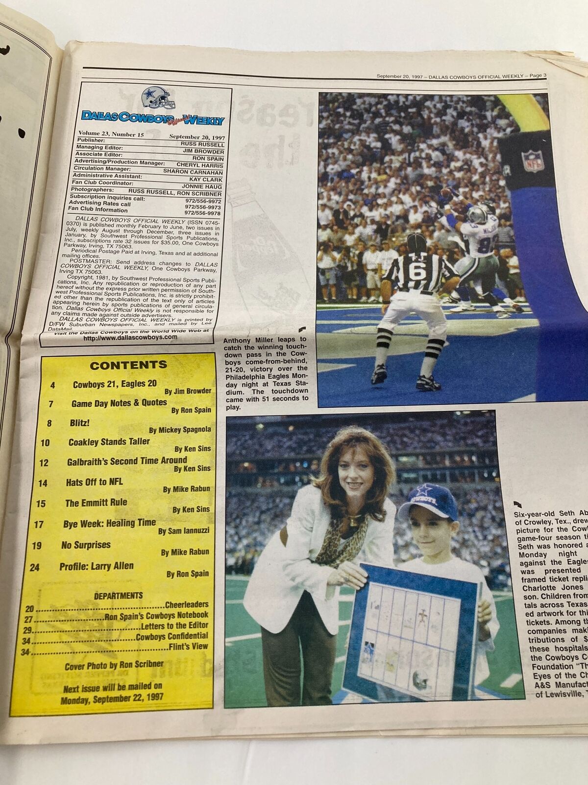 Dallas Cowboys Weekly Newspaper September 20 1997 Vol 23 #15 Shante Carver