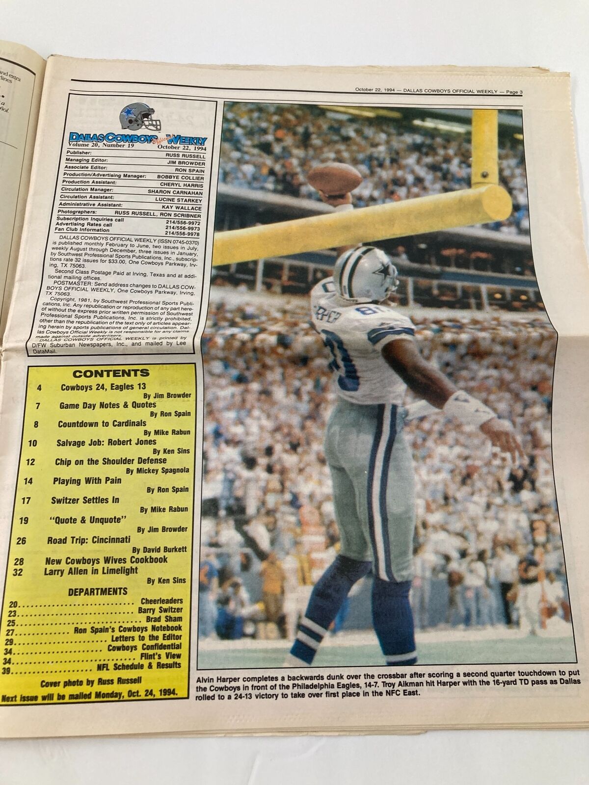 Dallas Cowboys Weekly Newspaper October 22 1994 Vol 20 #19 Bill Bates