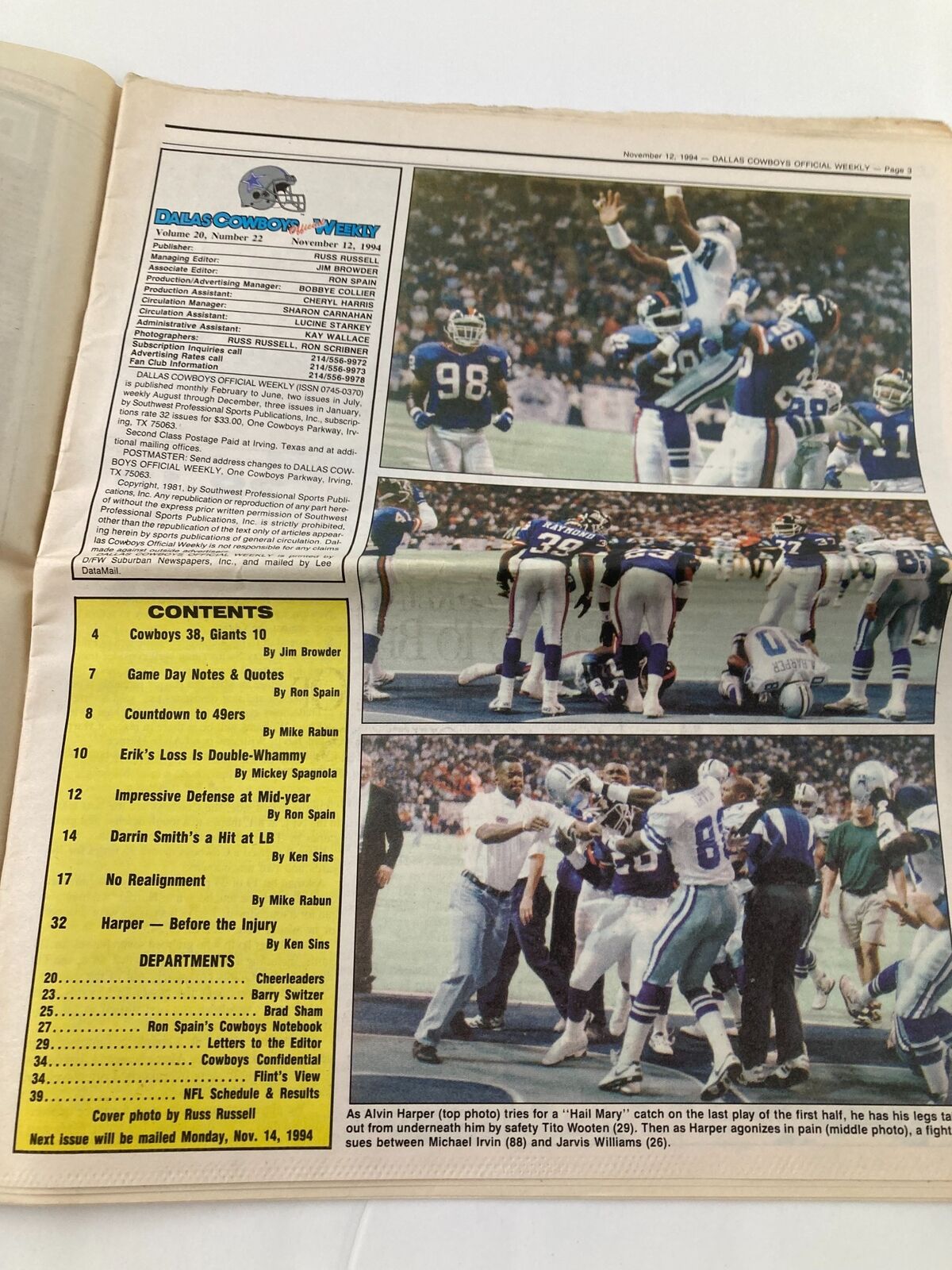 Dallas Cowboys Weekly Newspaper November 12 1994 Vol 20 #22 Michael Irvin