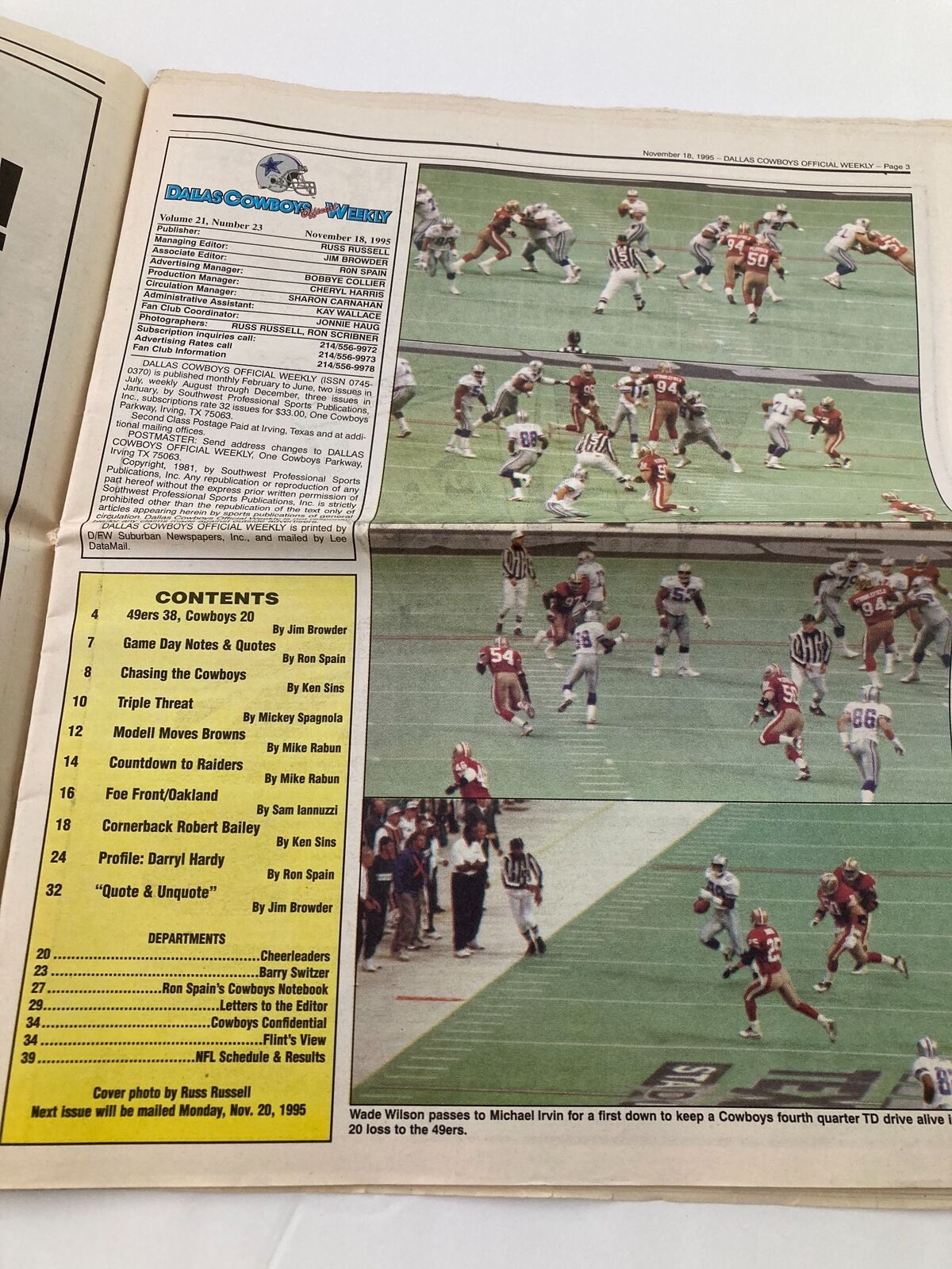 Dallas Cowboys Weekly Newspaper November 18 1995 Vol 21 #23 Wade Wilson