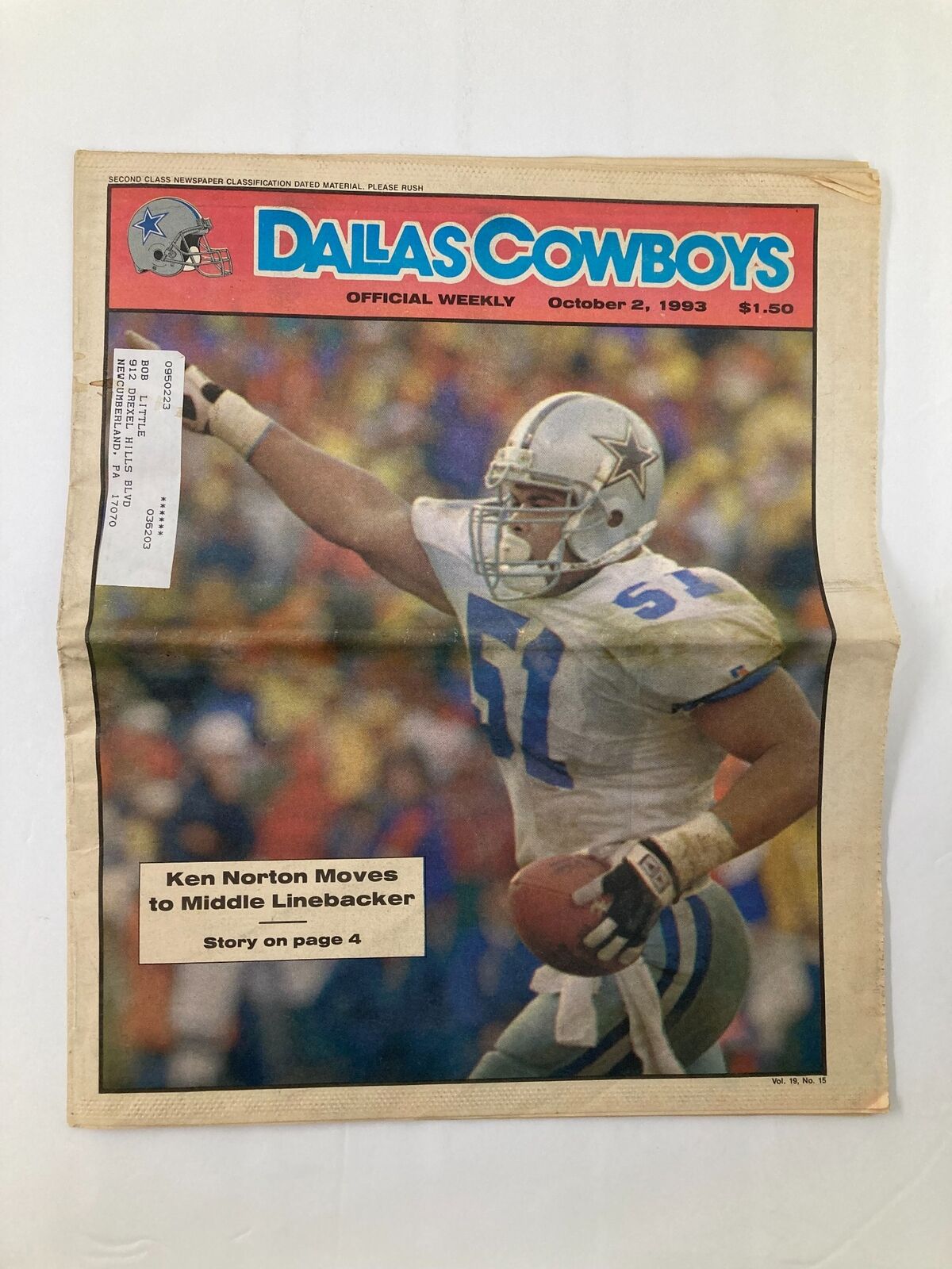 Dallas Cowboys Weekly Newspaper October 2 1993 Vol 19 #15 Ken Norton