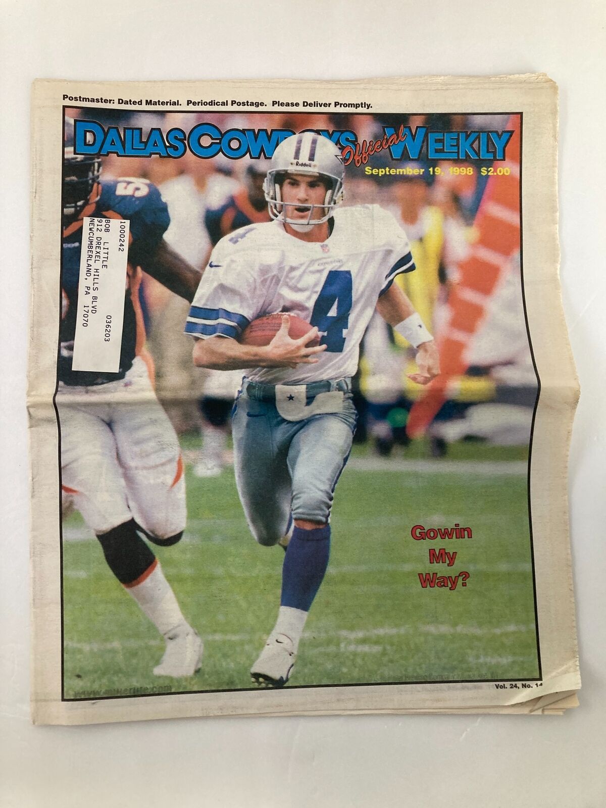 Dallas Cowboys Weekly Newspaper September 19 1998 Vol 24 #14 Toby Gowin