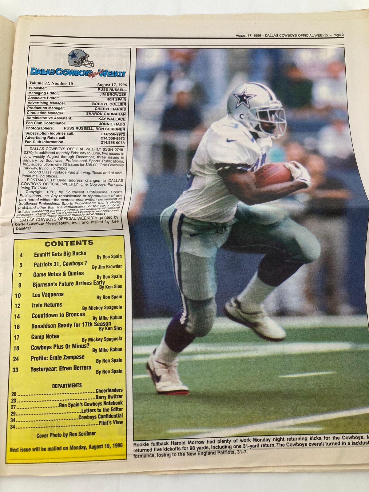 Dallas Cowboys Weekly Newspaper August 17 1996 Vol 22 #10 George Hegamin