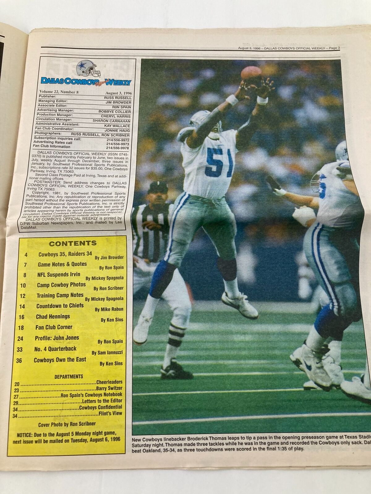 Dallas Cowboys Weekly Newspaper August 3 1996 Vol 22 #8 Training Camps Autograph