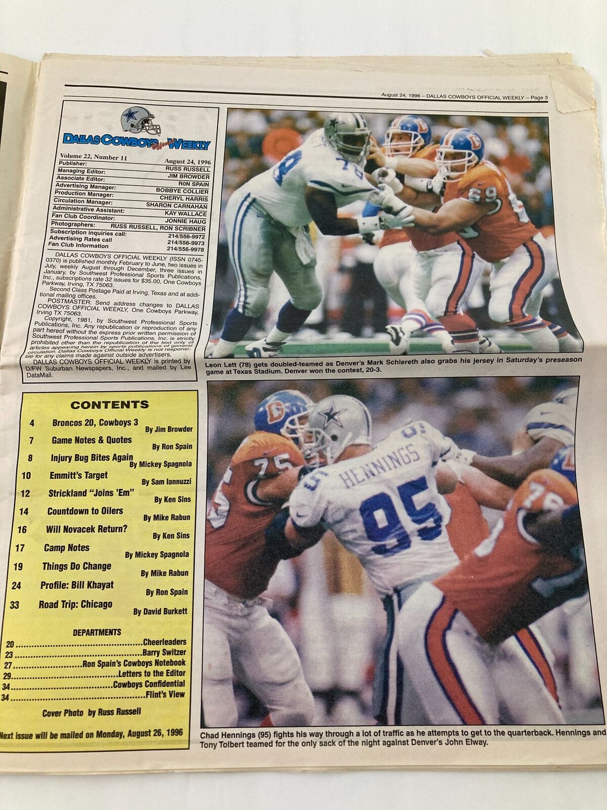 Dallas Cowboys Weekly Newspaper August 24 1996 Vol 22 #11 Leon Lett