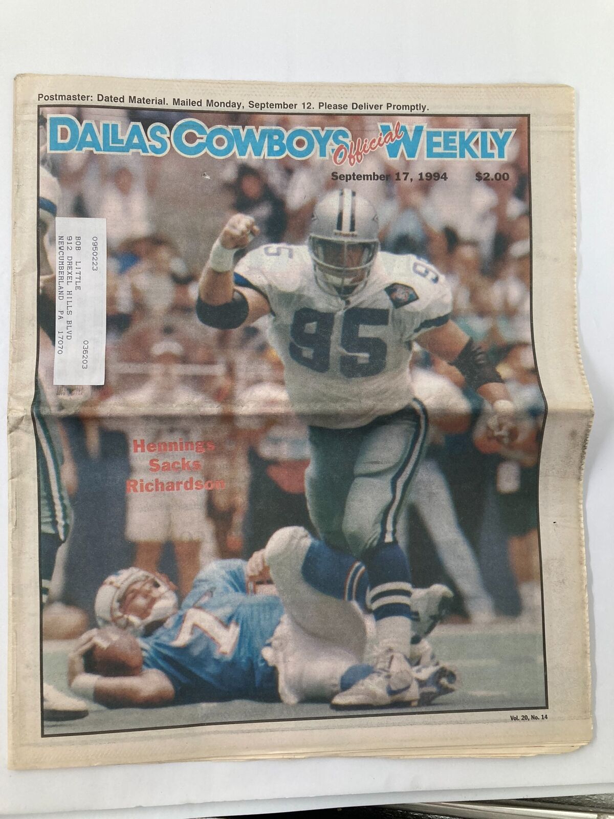 Dallas Cowboys Weekly Newspaper September 17 1994 Vol 20 #14 Chad Hennings